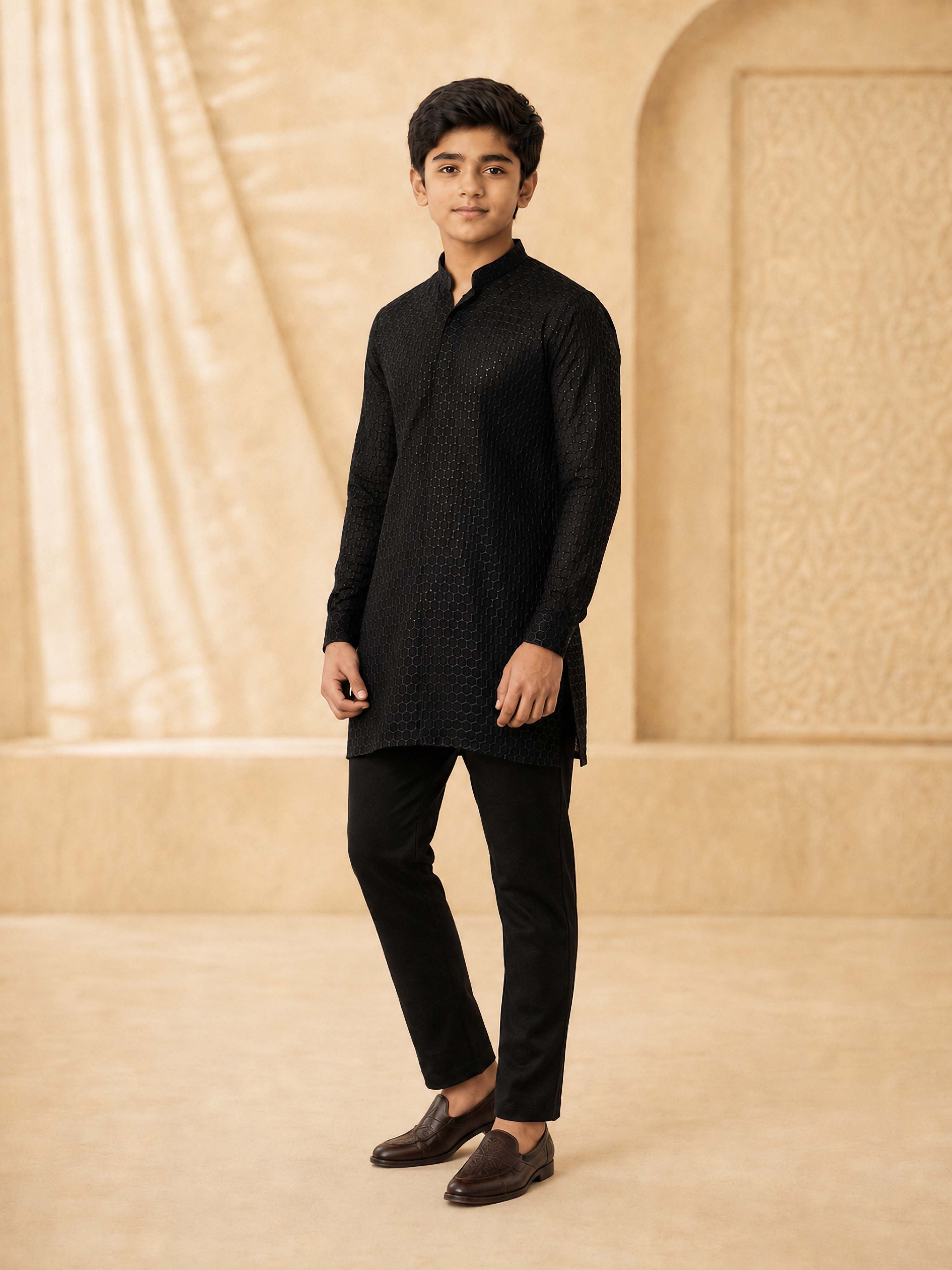 Boy's Black Georgette Embroidered Thigh Length Kurta