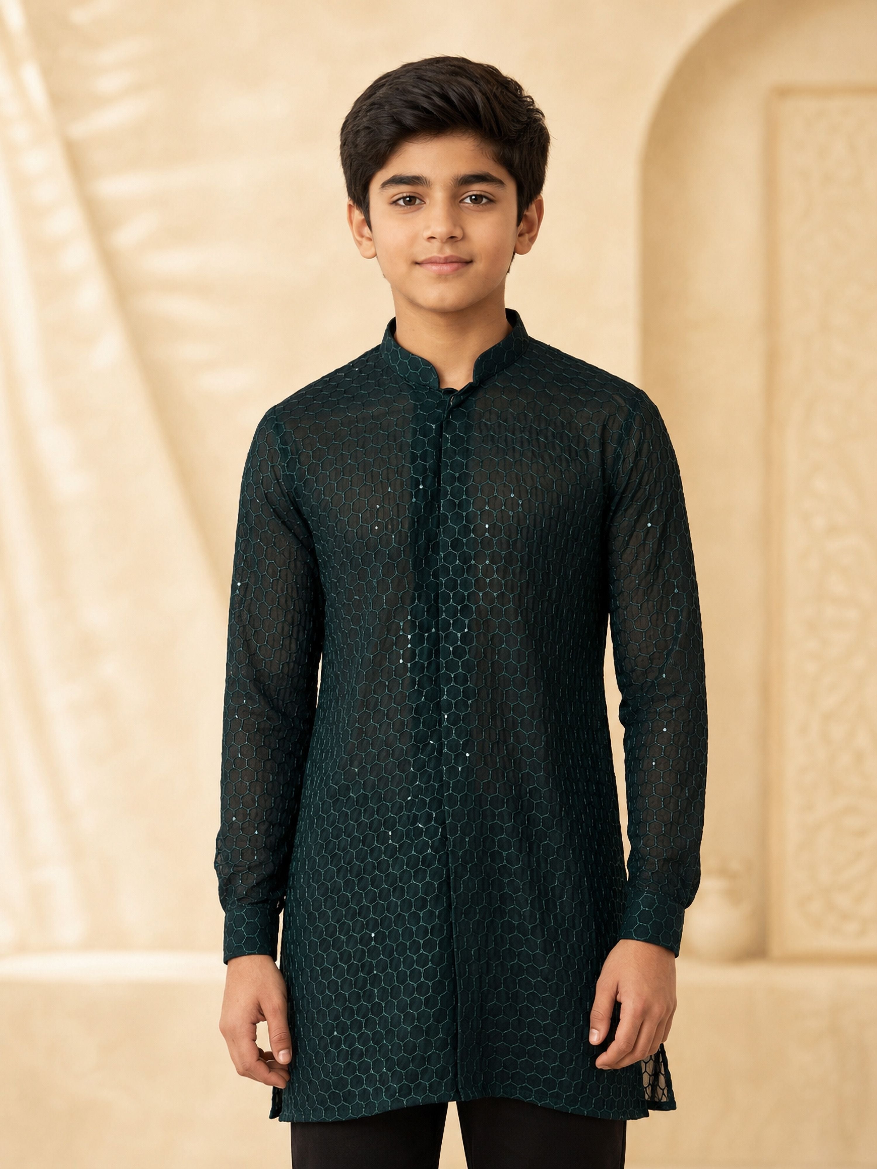 Boy Dark Green Georgette Kurta Festive, Festive Glitz, Indated Traditions, Summer / Casual, All regions Ethnic Wear