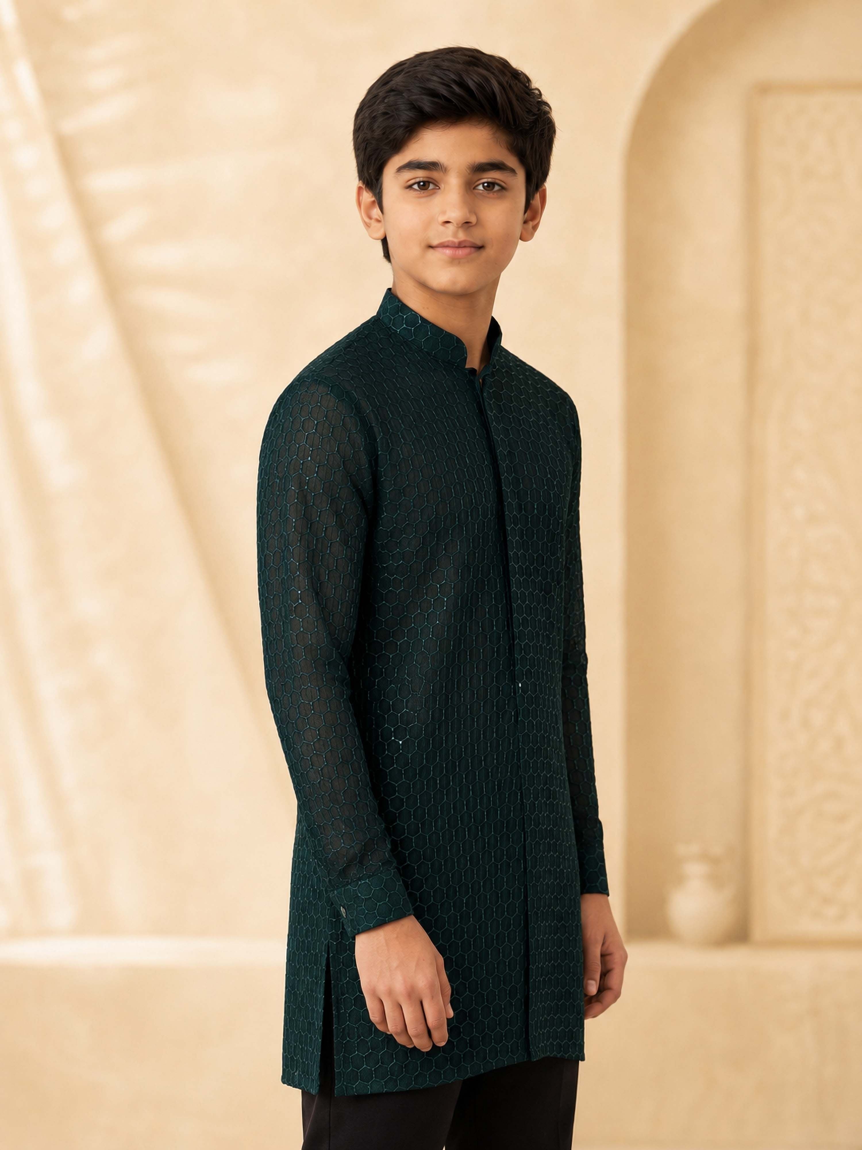 Boy's Dark Green Georgette Embroidered Thigh Length Kurta