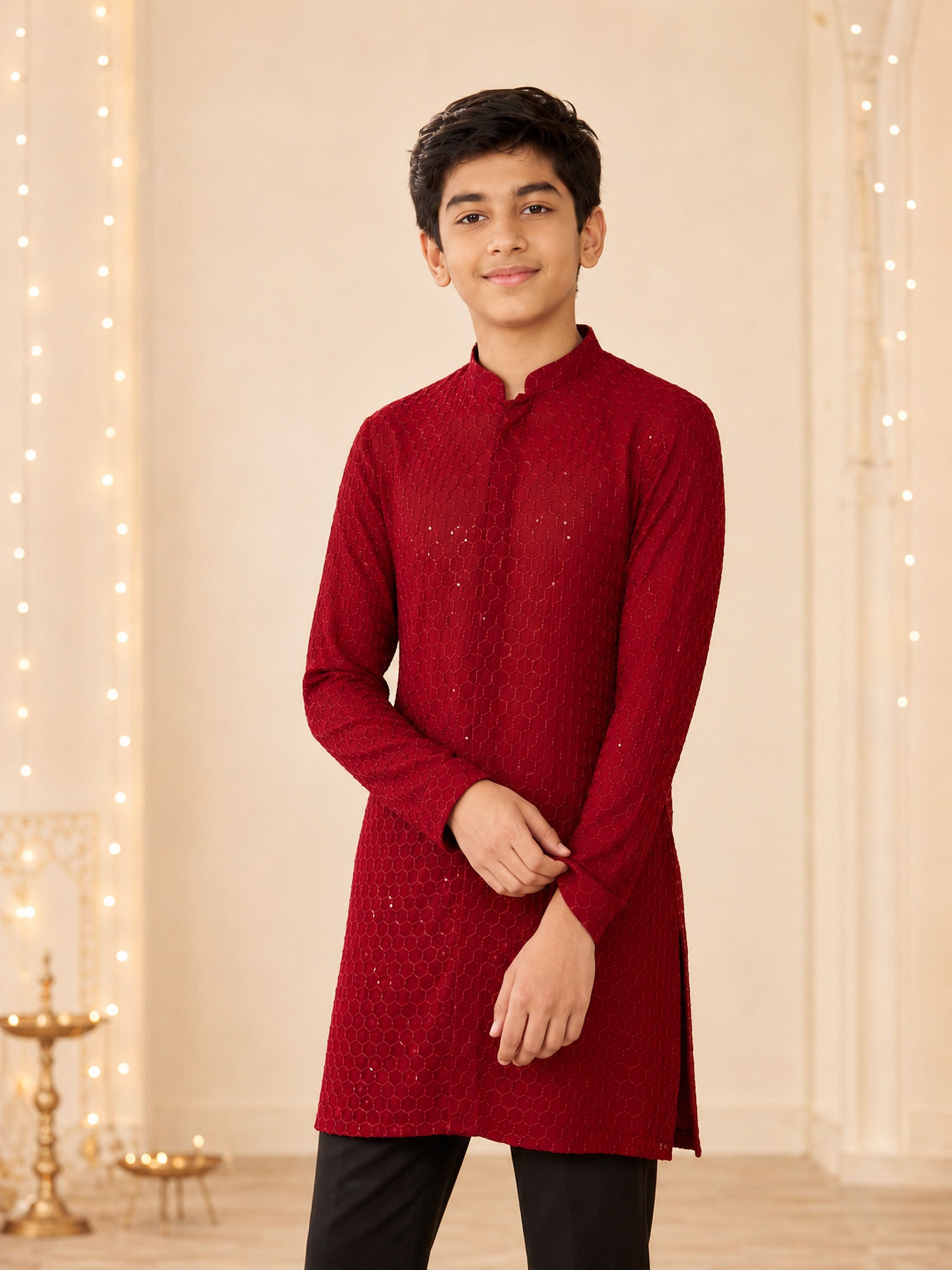 Boy Maroon Georgette Kurta Festive, Festive Glitz, Indated Traditions, Summer / Casual, All regions Ethnic Wear