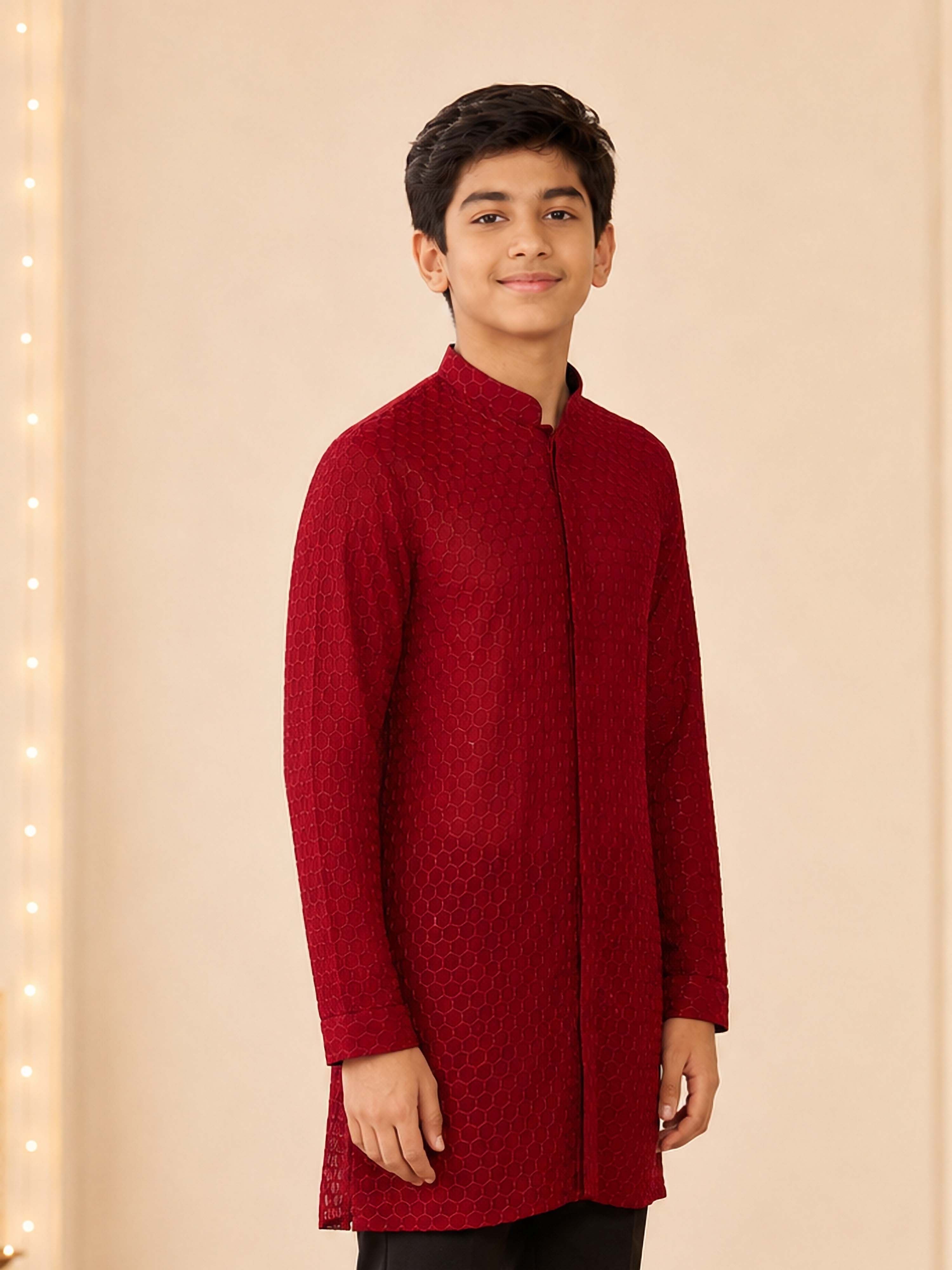 Boy's Maroon Georgette Embroidered Thigh Length Kurta