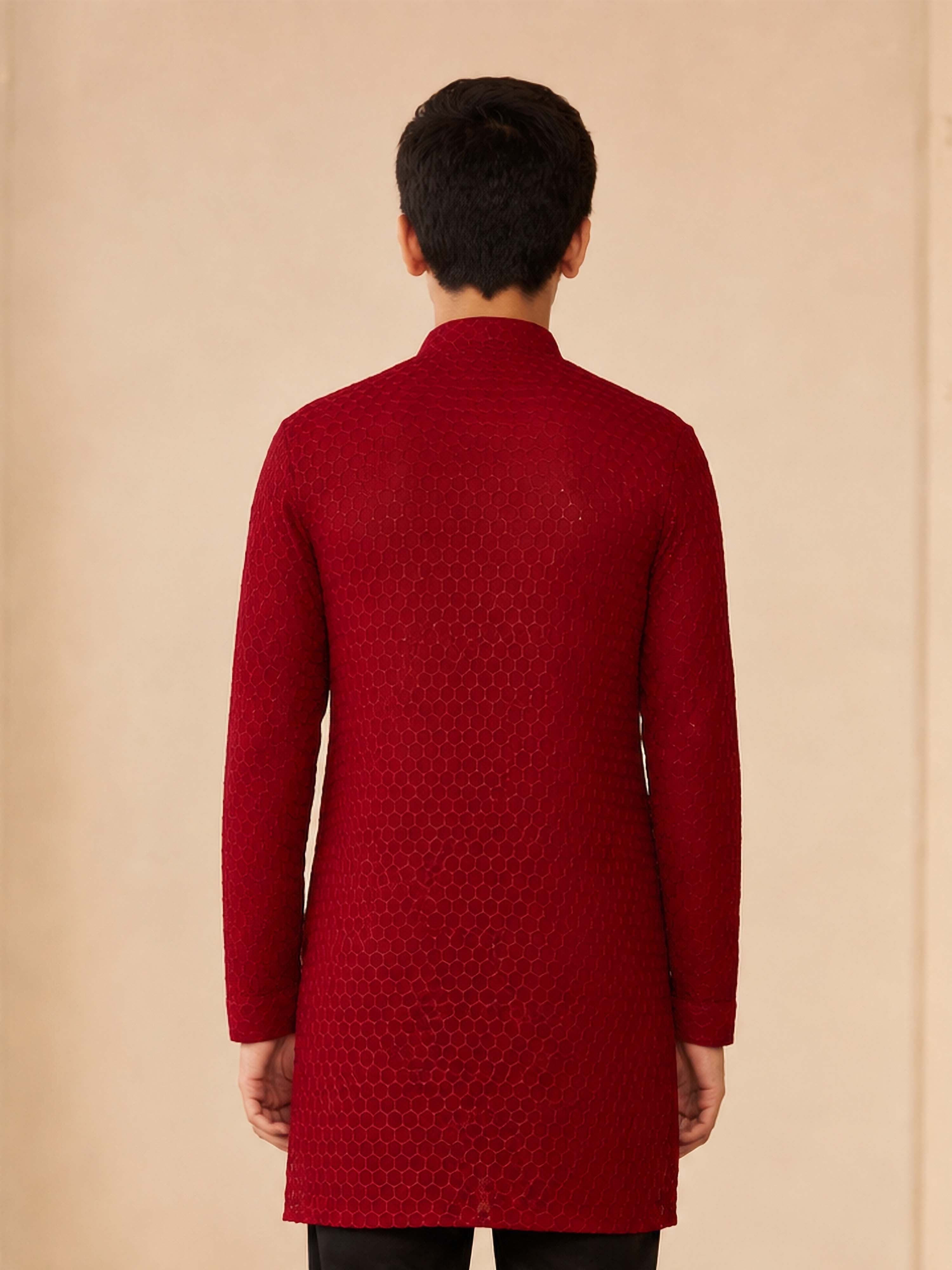 Boy's Maroon Georgette Embroidered Thigh Length Kurta