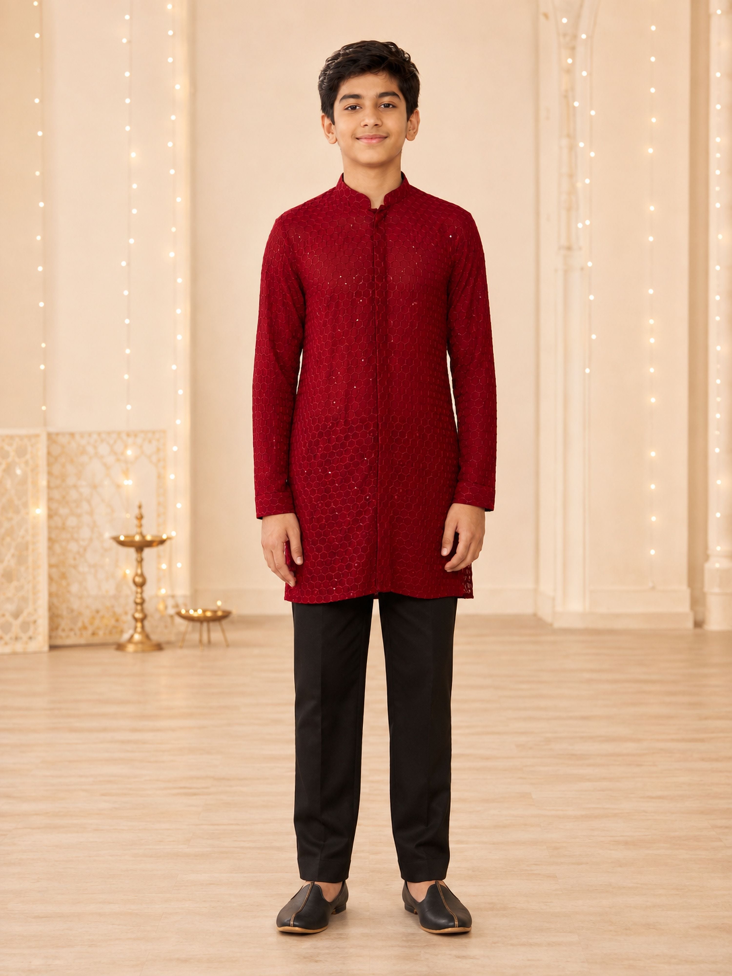 Boy's Maroon Georgette Embroidered Thigh Length Kurta
