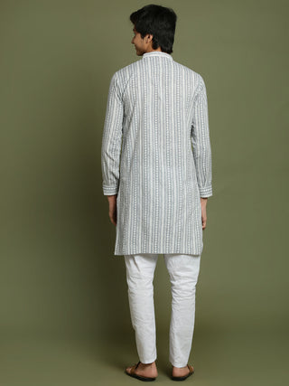 YUVA BY VASTRAMAY Boys' Grey Woven Kurta With White Pyjama Set