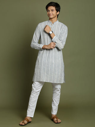 YUVA BY VASTRAMAY Boys' Grey Woven Kurta With White Pyjama Set