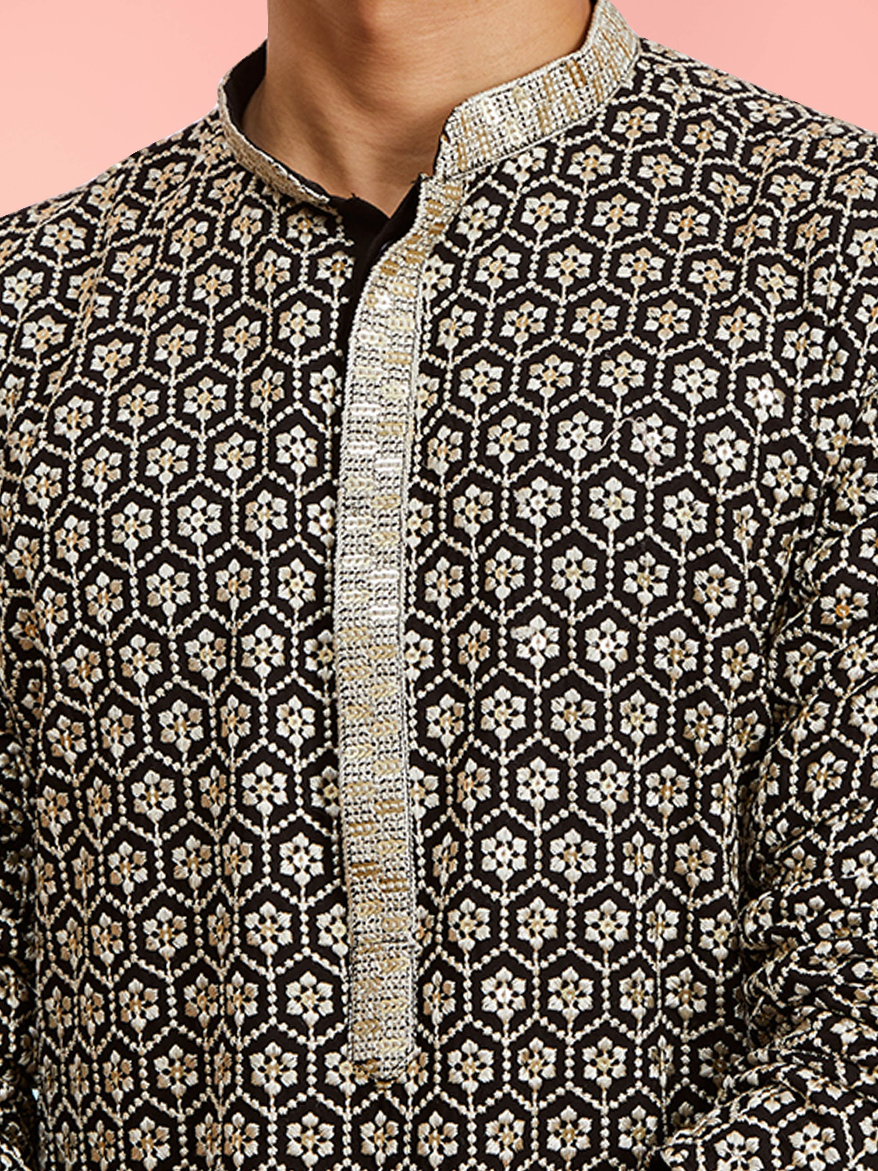 Boy's Black Rayon Embroidered Knee Length Kurta