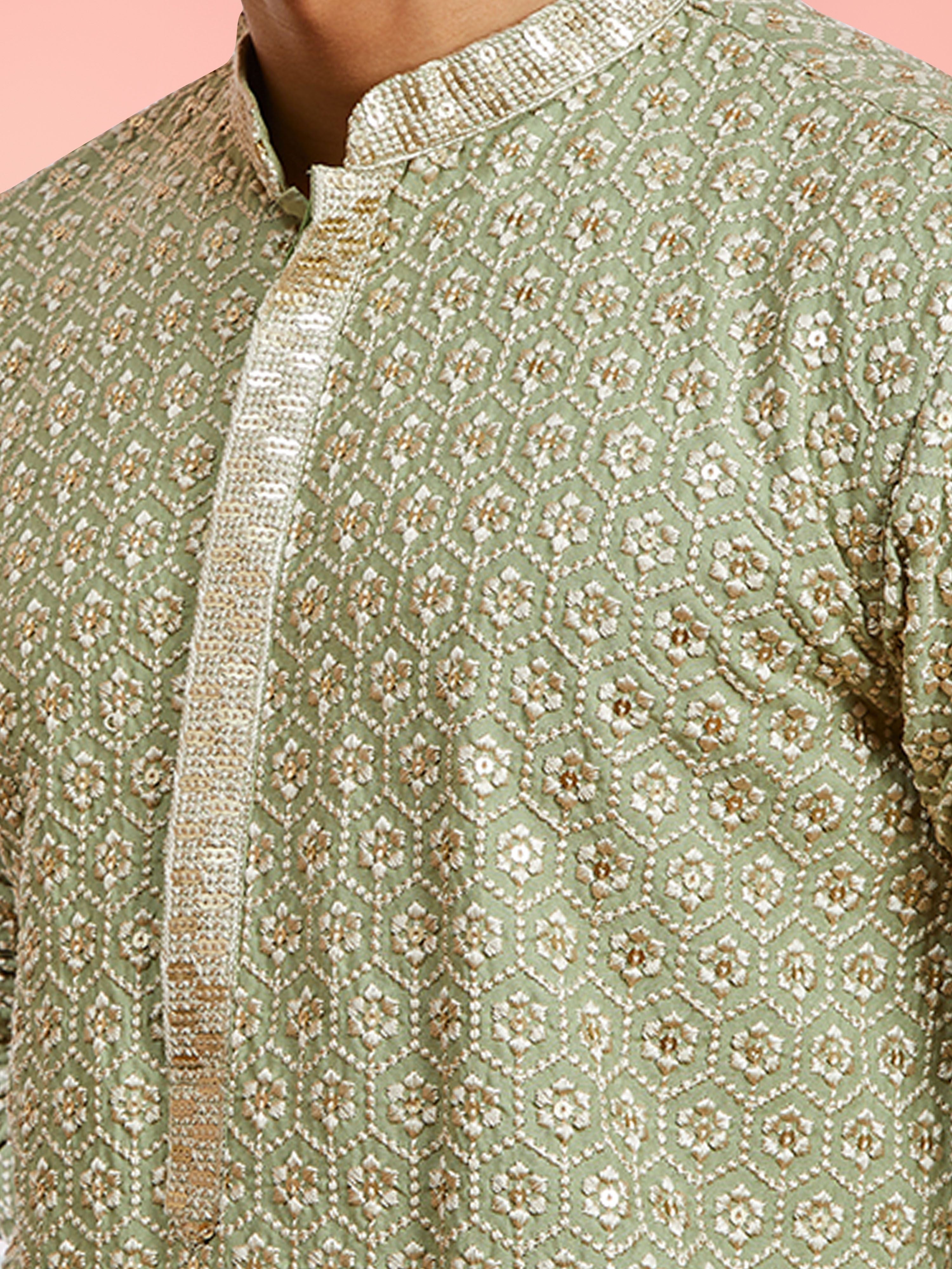 Boy's Light Green Rayon Embroidered Knee Length Kurta
