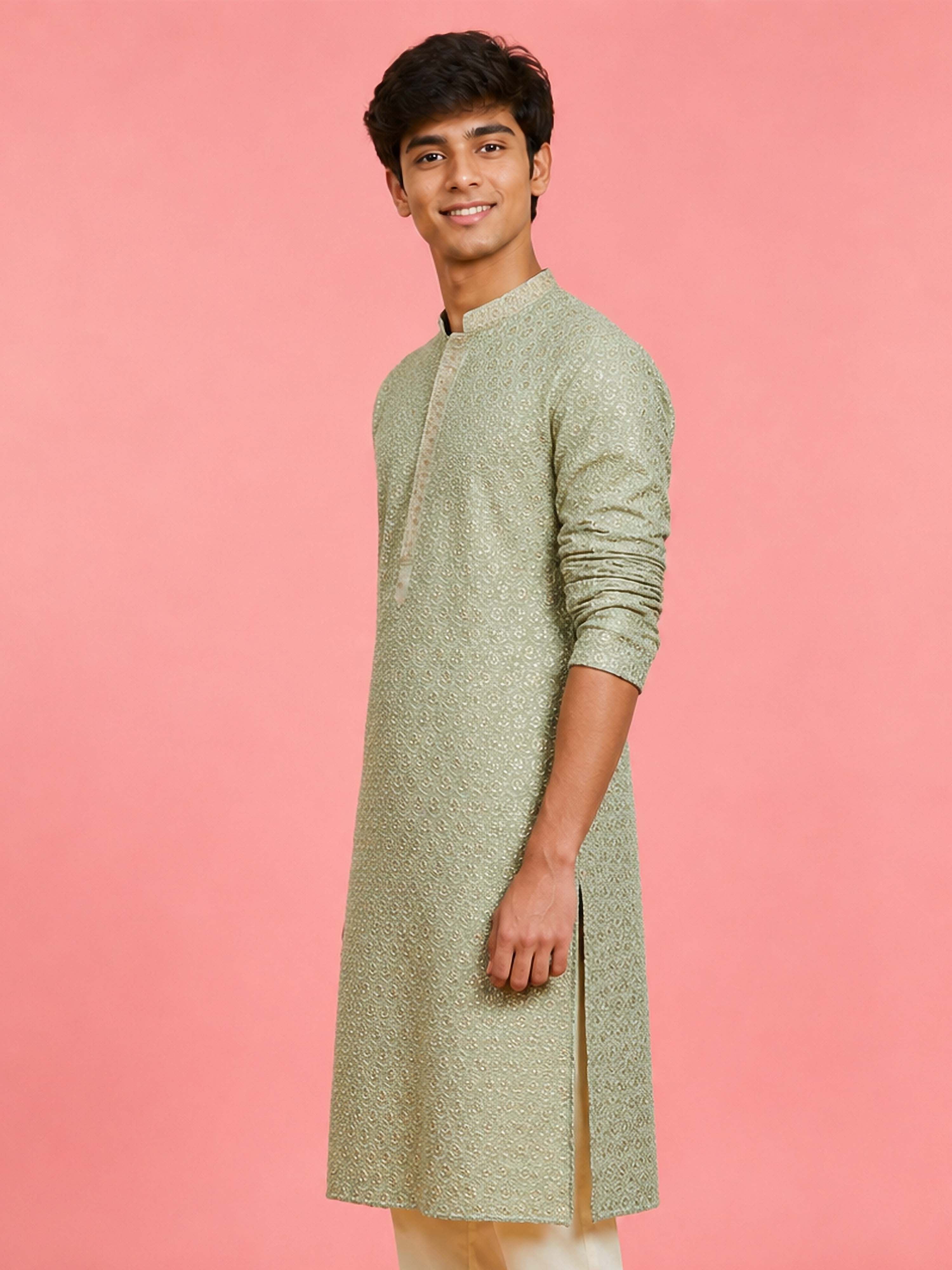 Boy's Light Green Rayon Embroidered Knee Length Kurta