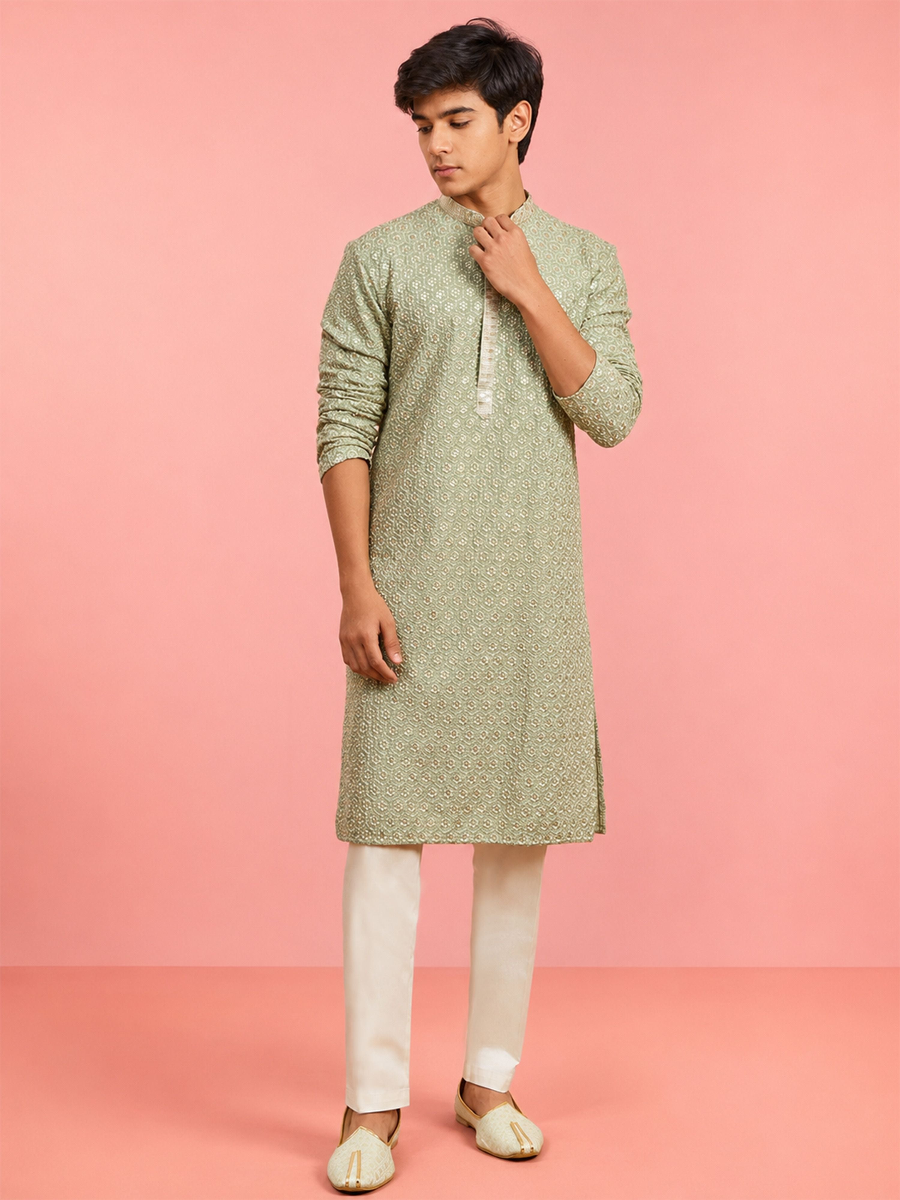 Boy's Light Green Rayon Embroidered Knee Length Kurta