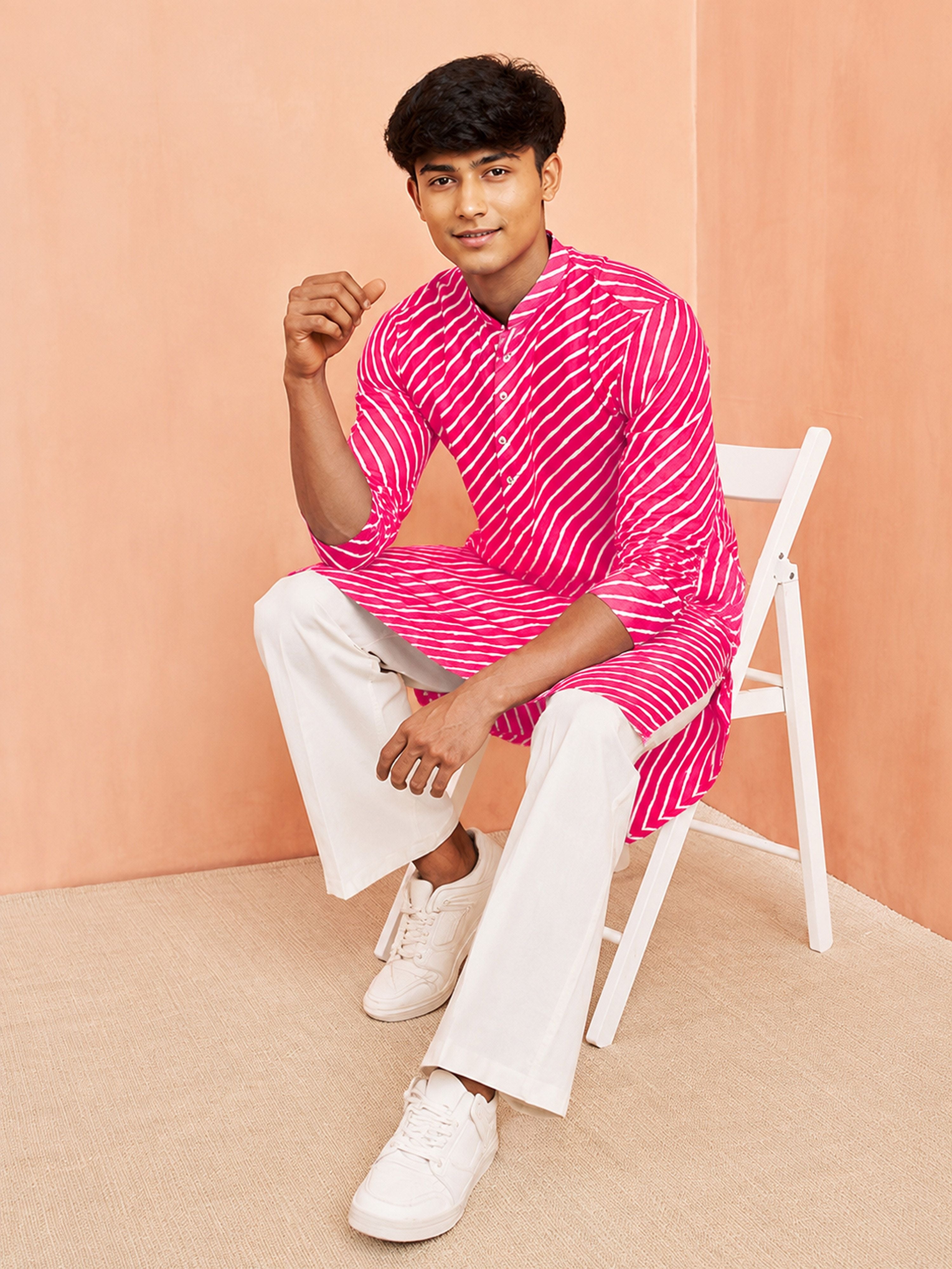 Boy's Pink Cotton Striped Knee Length Kurta