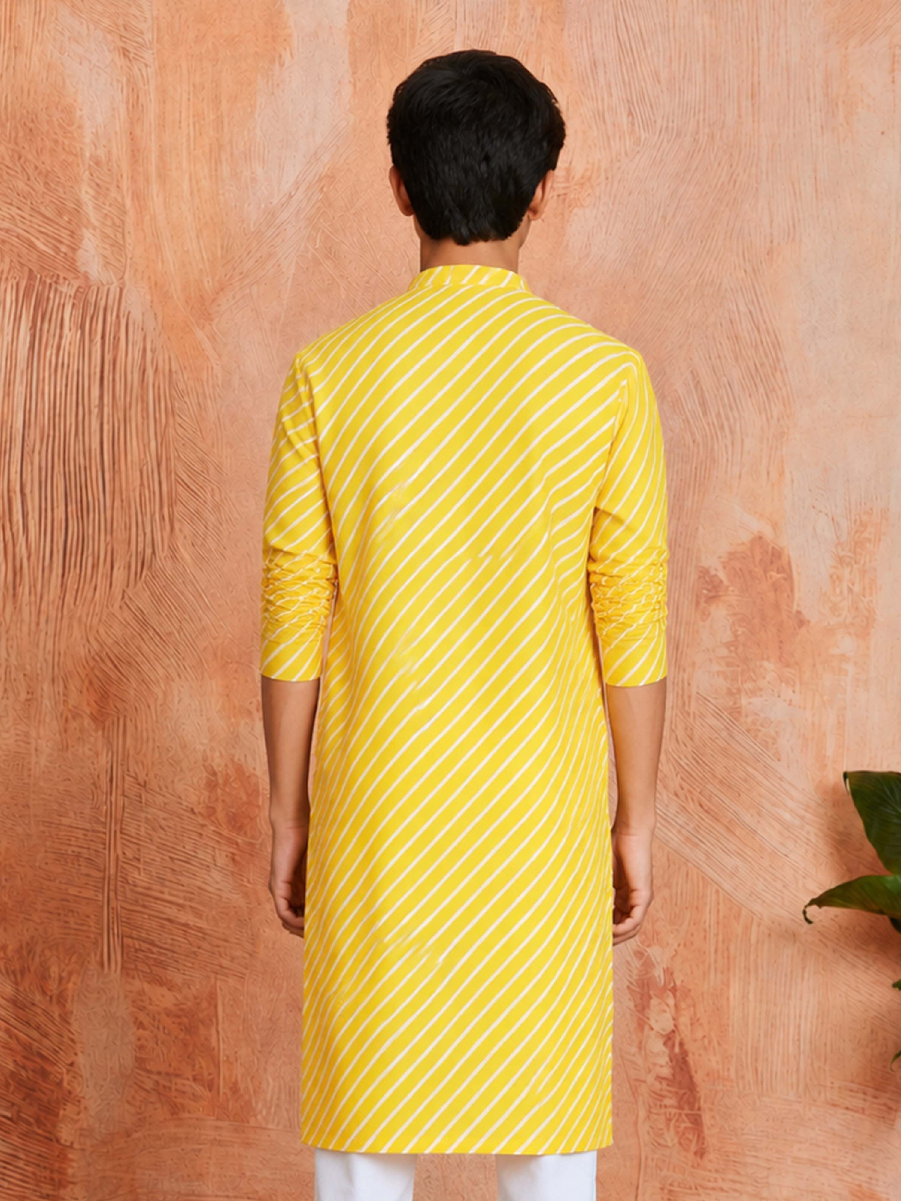 Boy's Yellow Cotton Printed Knee Length Kurta