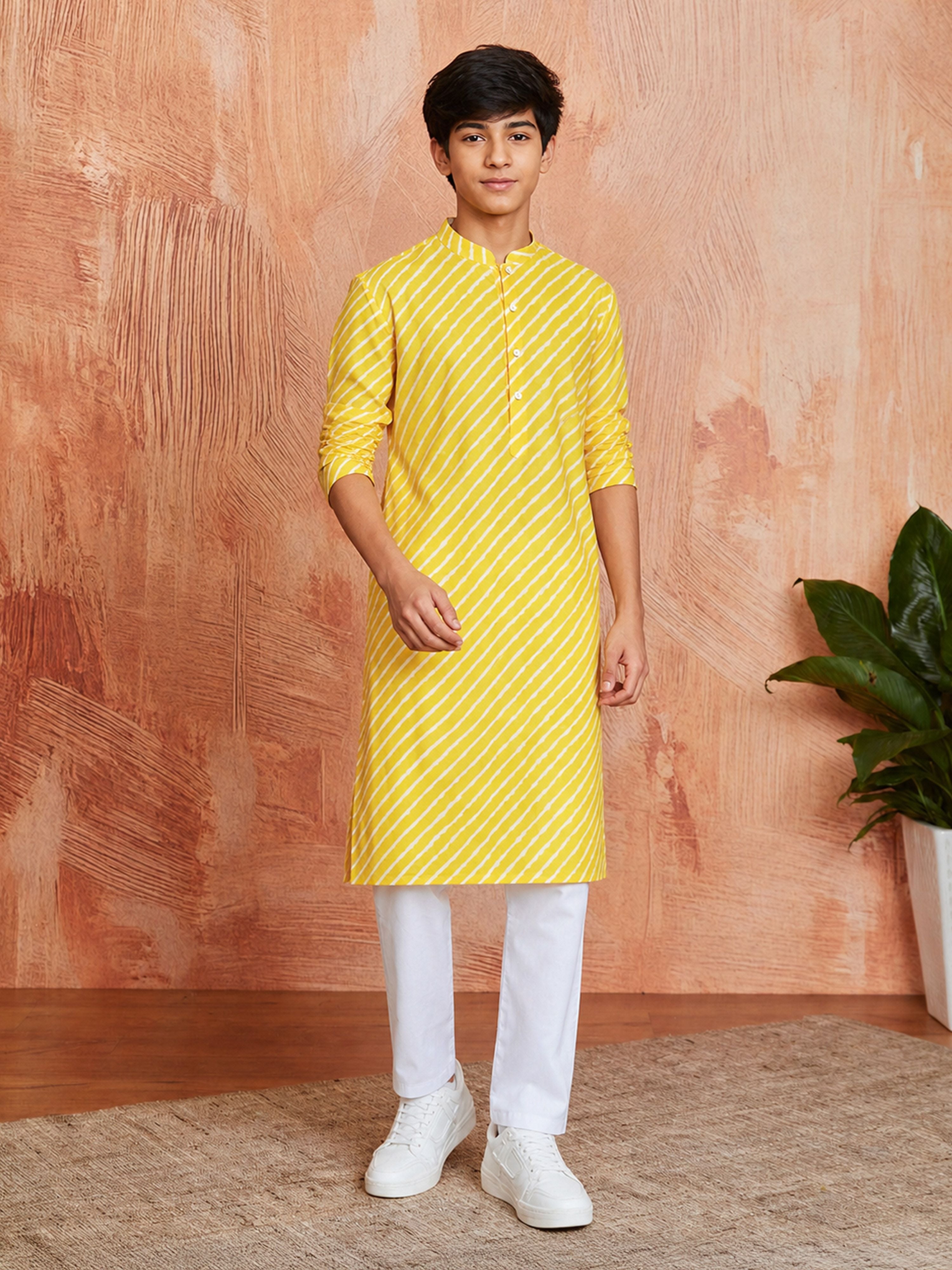 Boy's Yellow Cotton Printed Knee Length Kurta