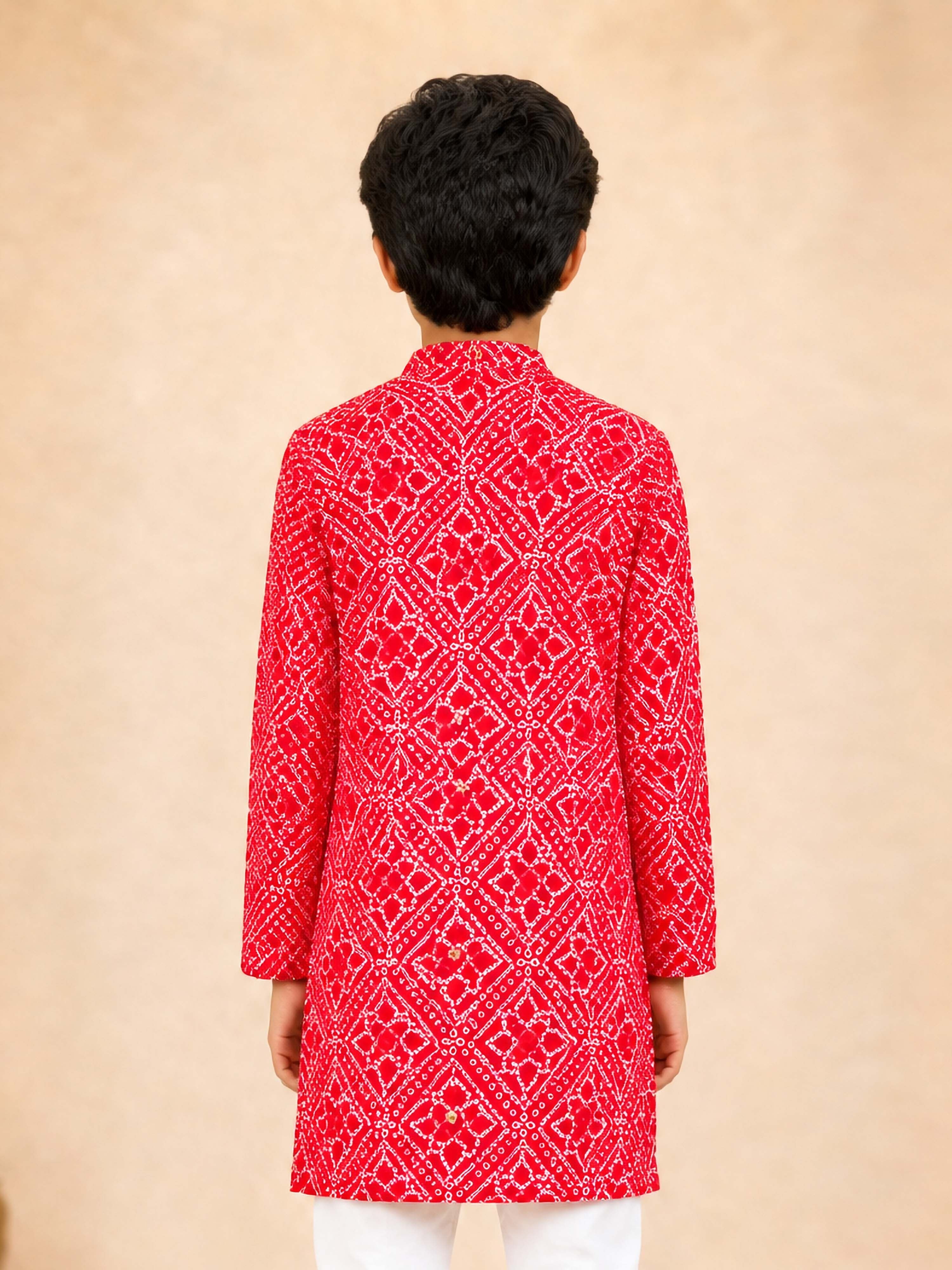 Boy's Red Cotton Digital Print Knee Length Kurta