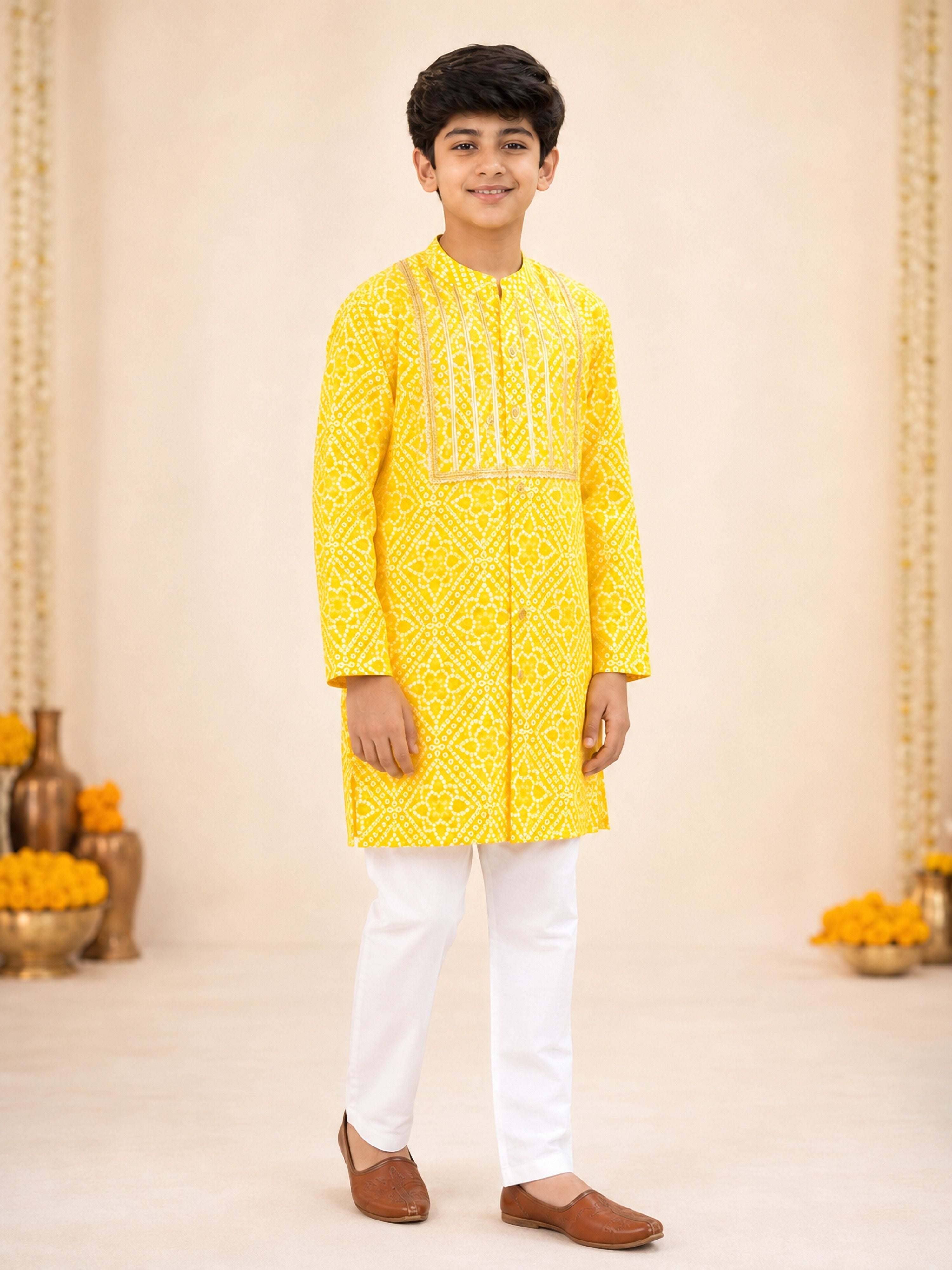Boy's Yellow Cotton Digital Print Knee Length Kurta