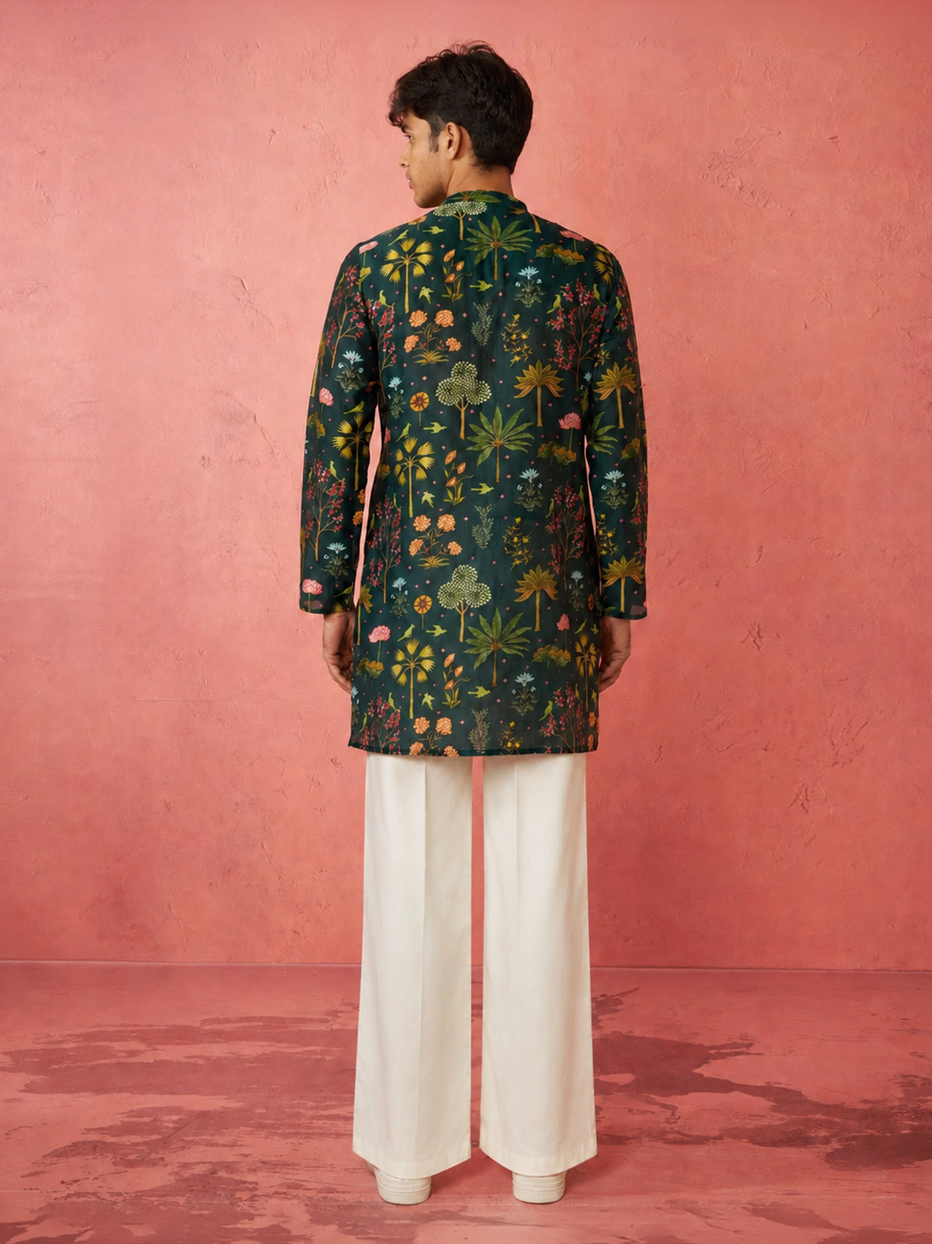 Boys Bottle Green Muslin Digital Print Kurta Flare Pant Set