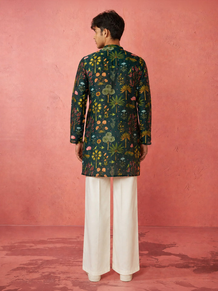 Boys Bottle Green Muslin Digital Print Kurta Flare Pant Set