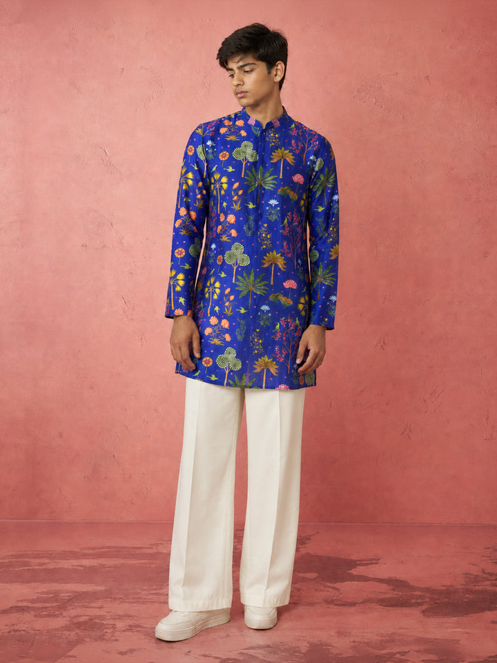 Boys Blue Muslin Digital Print Kurta Flare Pant Set