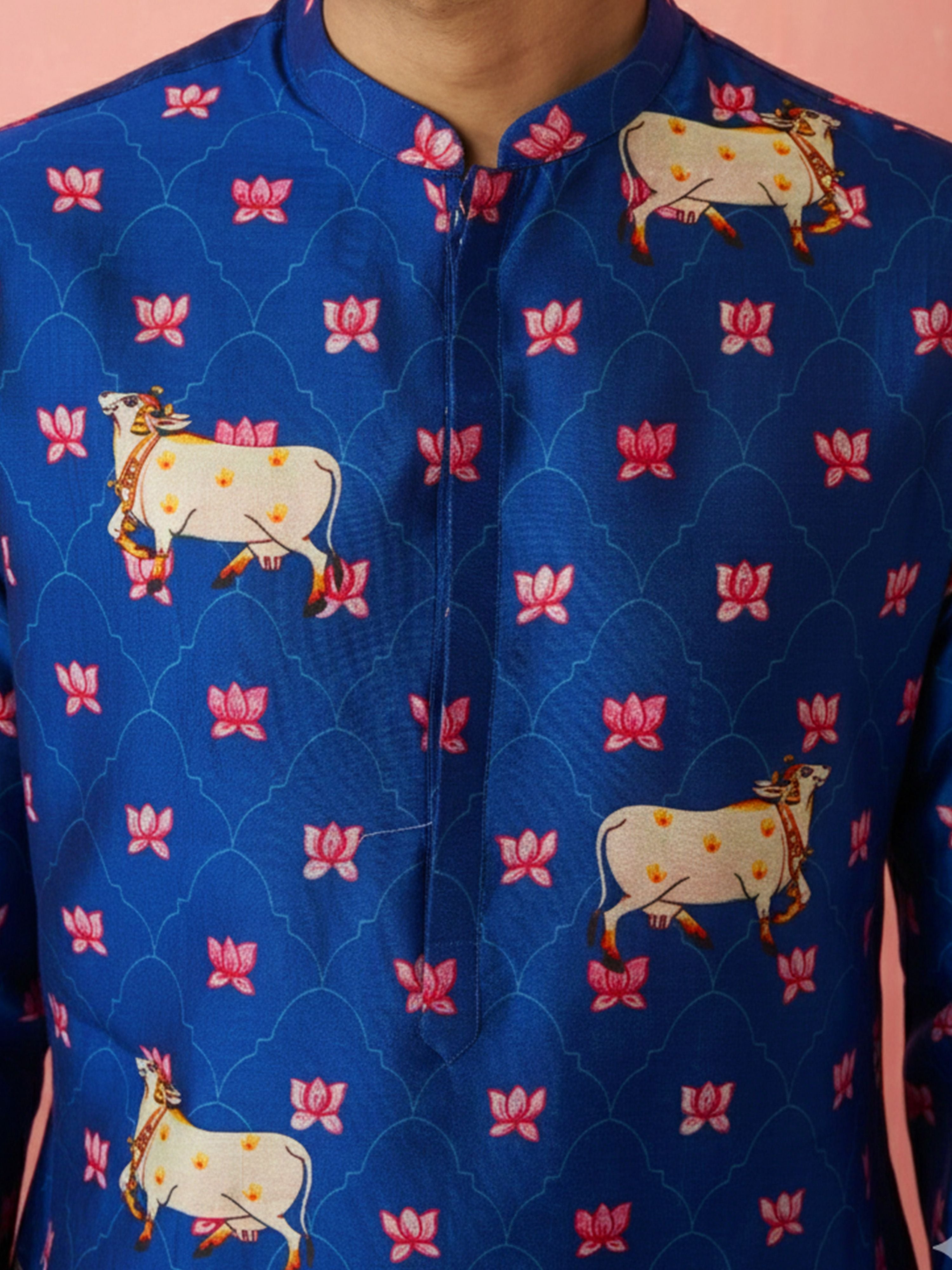 Boy's Blue Rayon Digital Print Knee Length Kurta