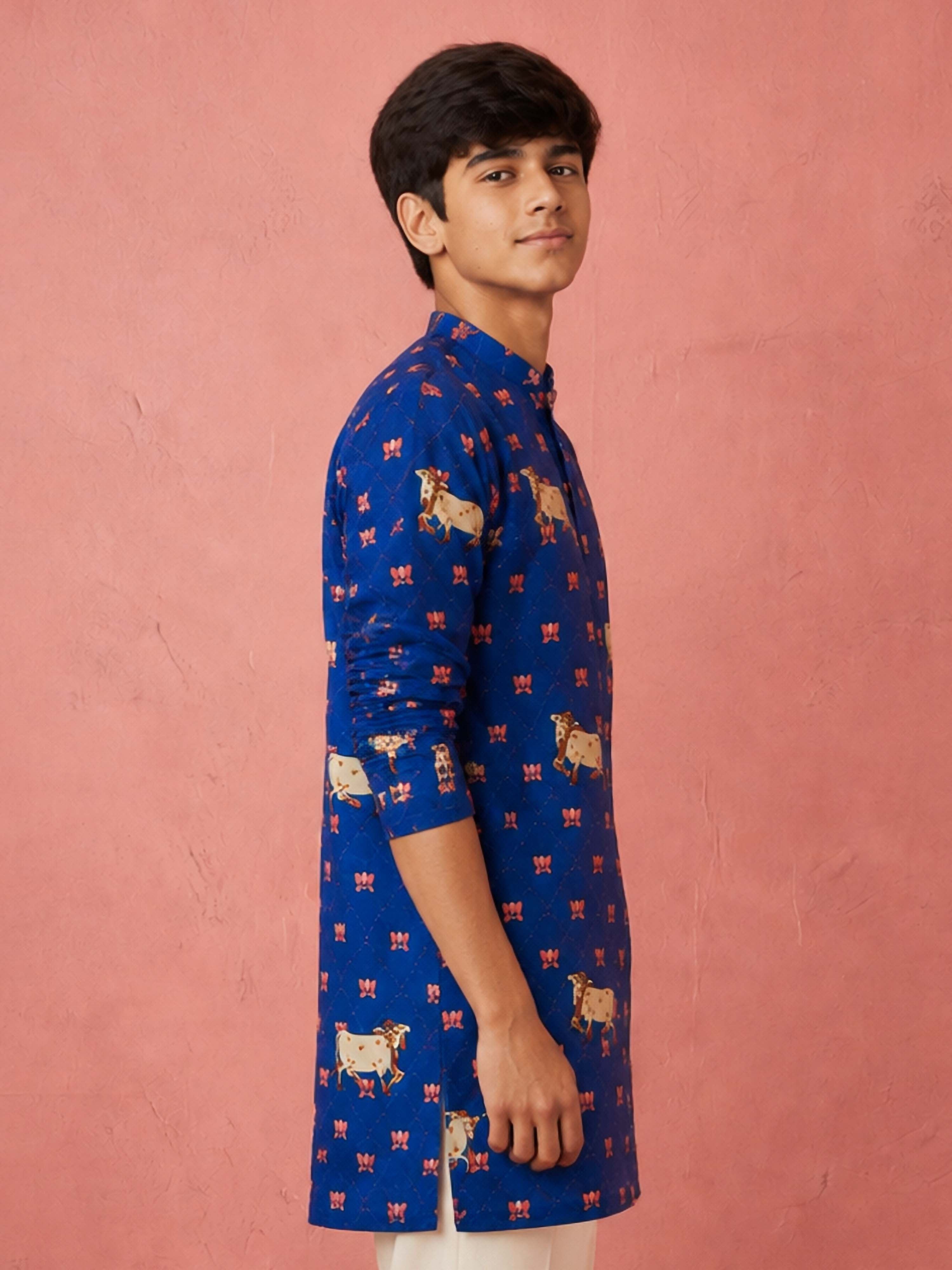 Boy's Blue Rayon Digital Print Knee Length Kurta