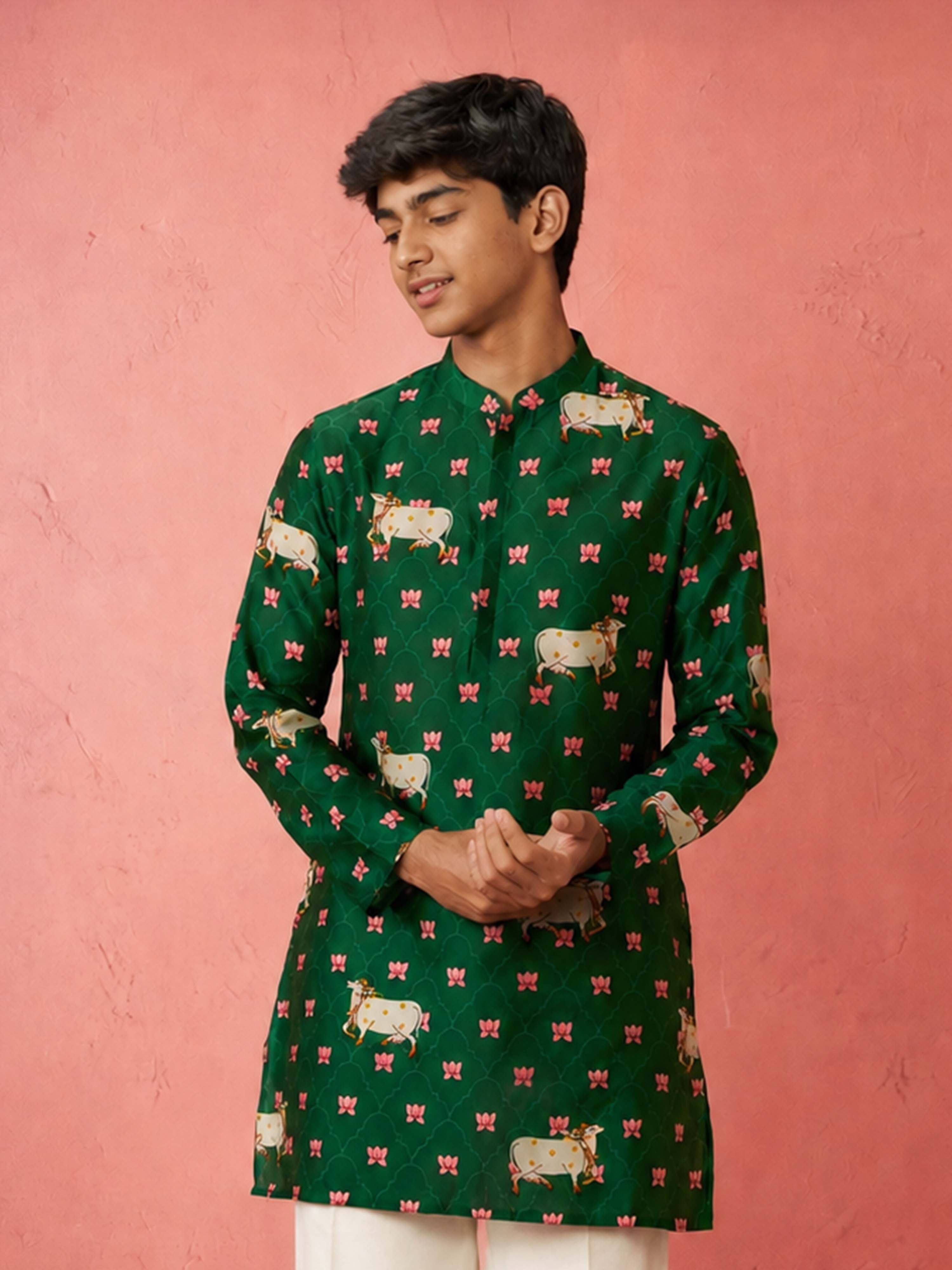 Boy Green Rayon Kurta Festive, Festive Glitz, Indated Traditions, Summer / Casual, All regions Ethnic Wear