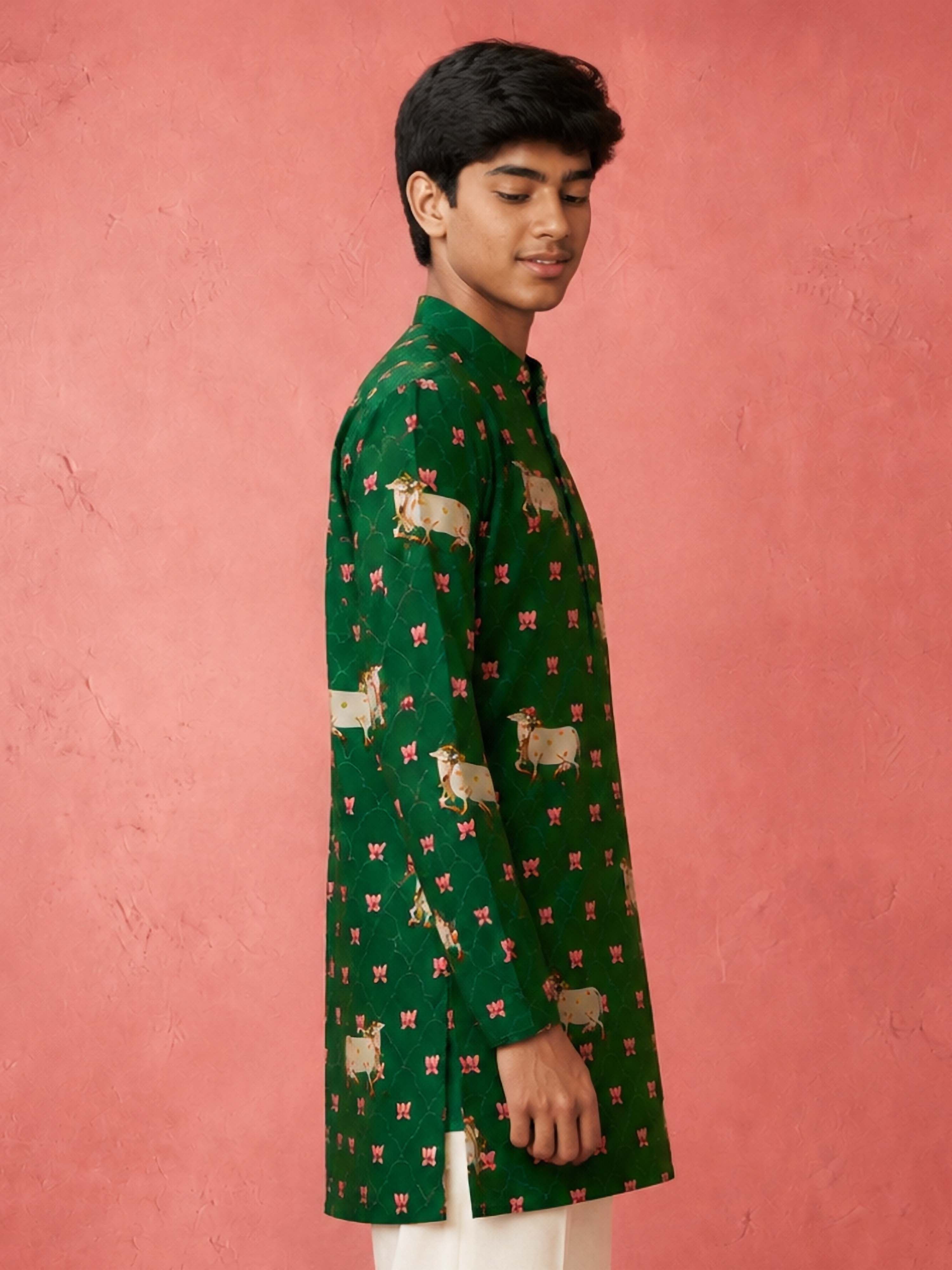 Boy's Green Rayon Digital Print Knee Length Kurta