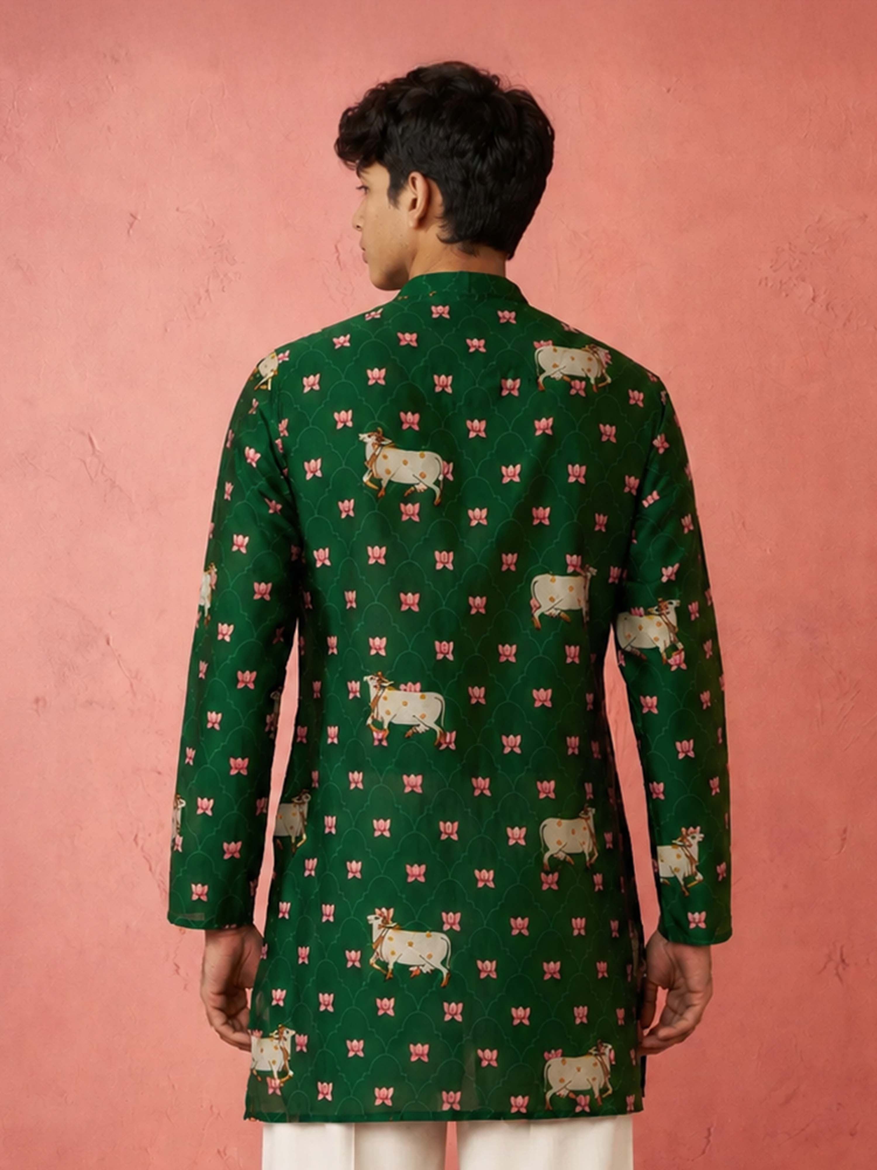 Boy's Green Rayon Digital Print Knee Length Kurta