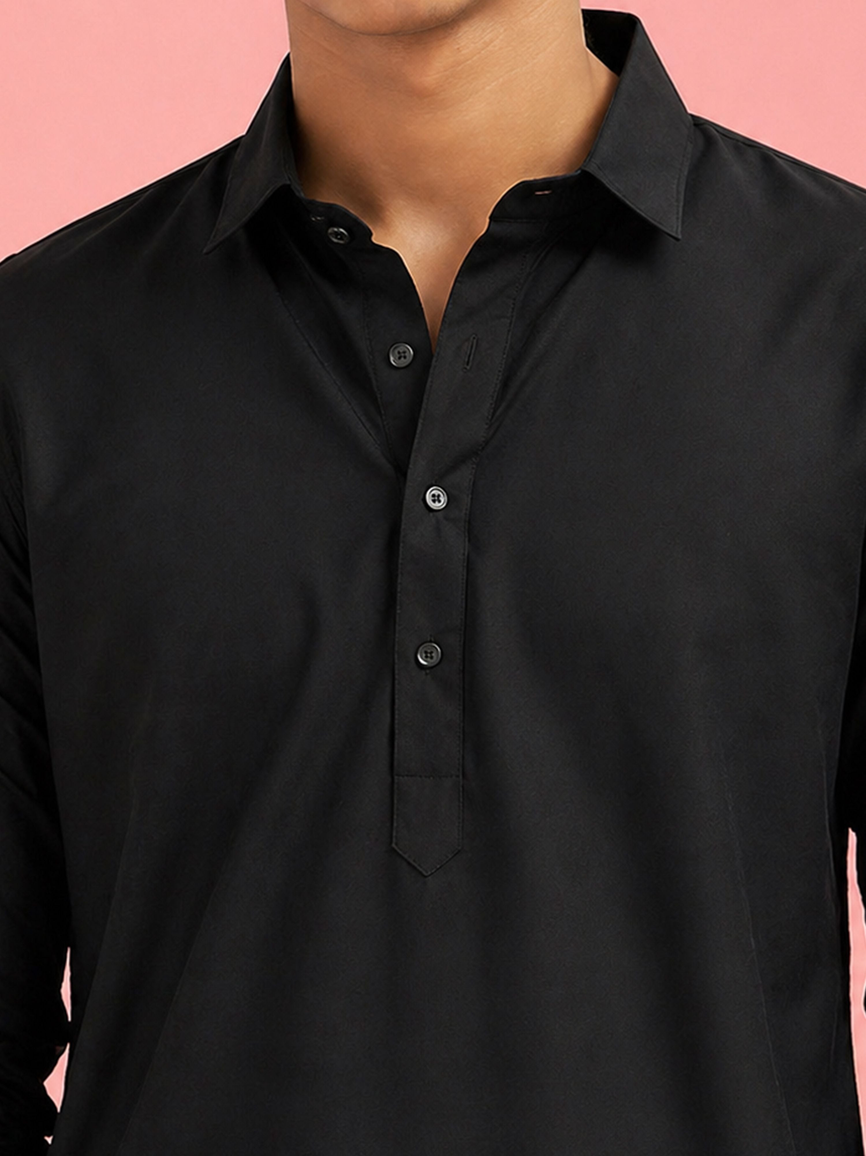 Boy's Black Fine Satin Solid Knee Length Kurta