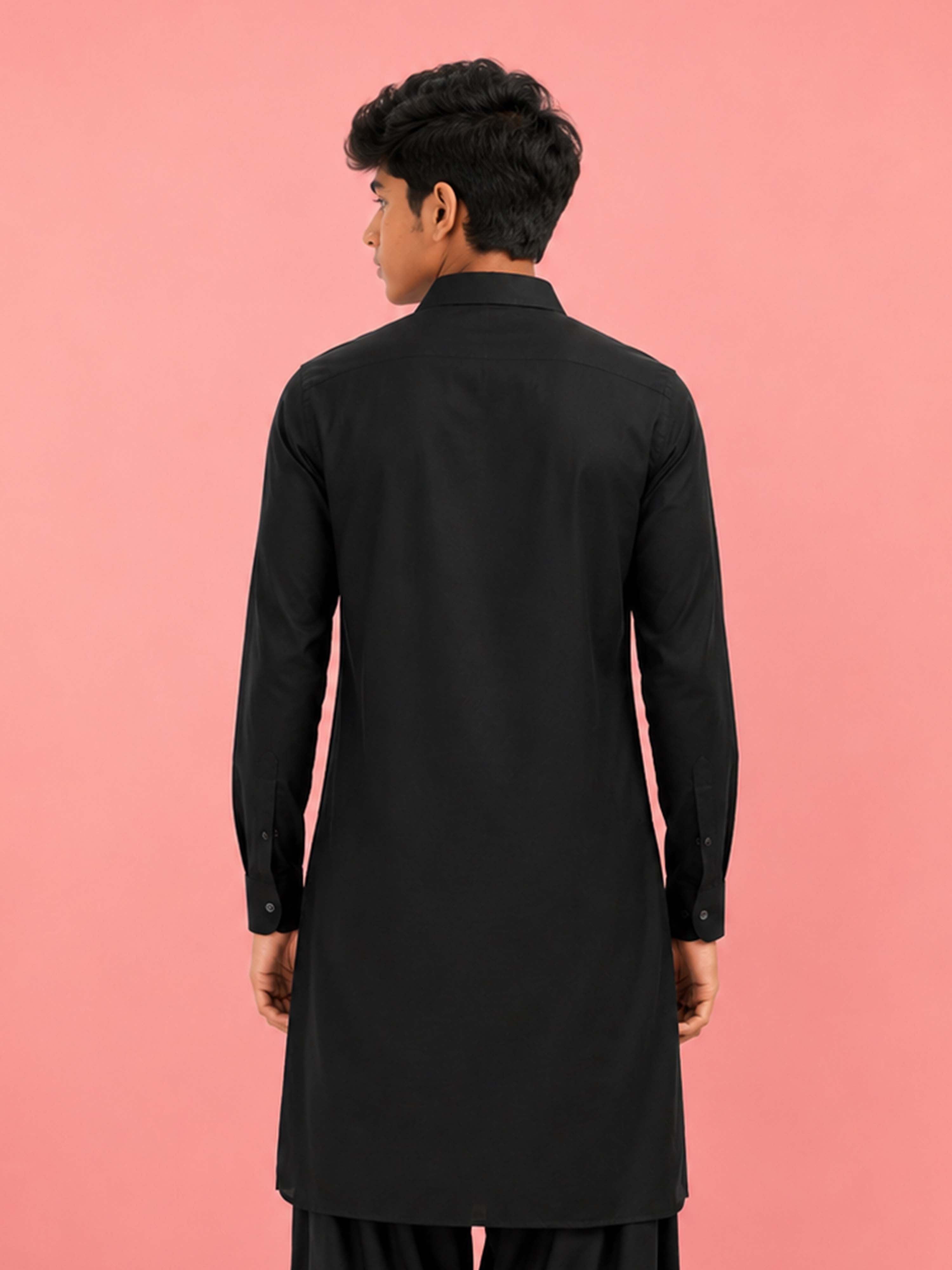 Boy's Black Fine Satin Solid Knee Length Kurta
