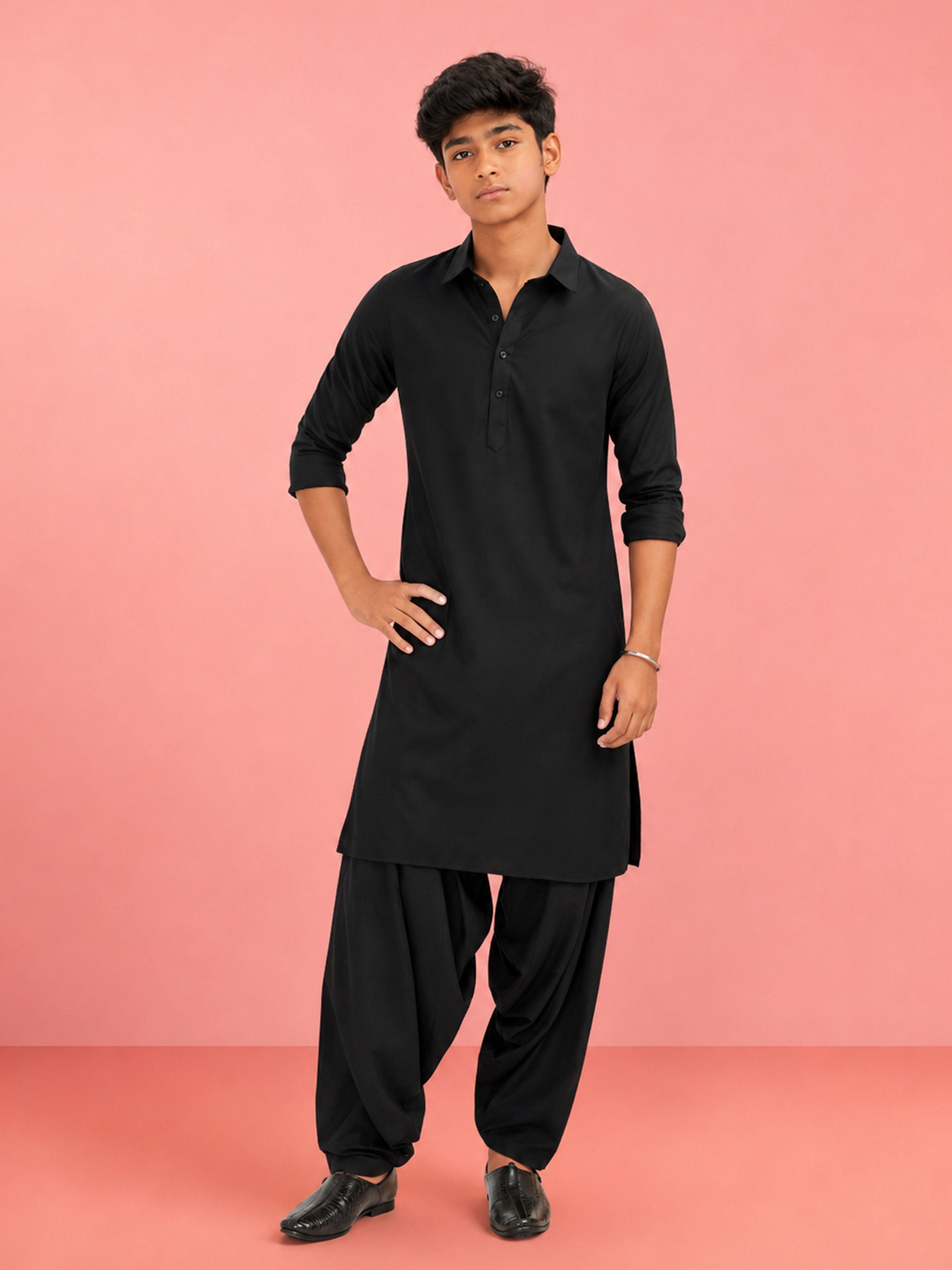 Boy's Black Fine Satin Solid Knee Length Kurta