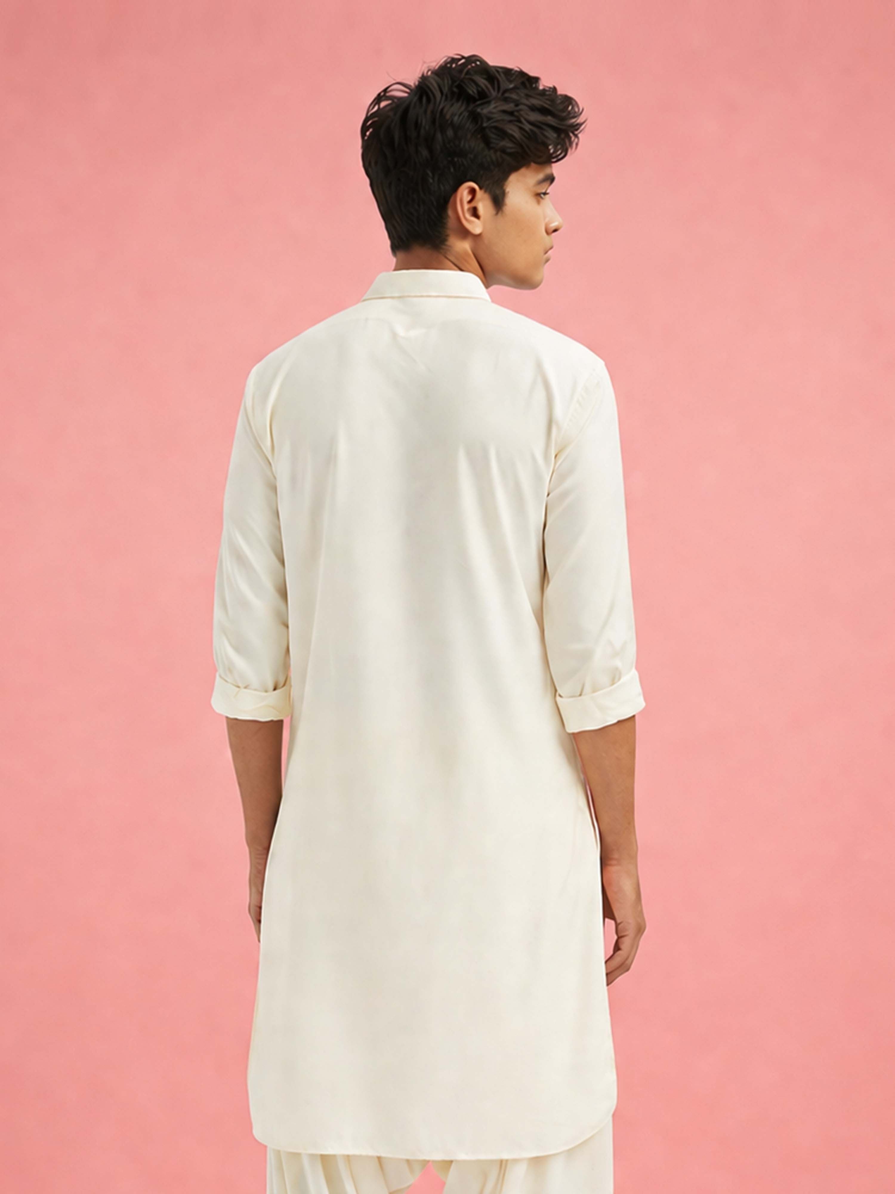 Boy's Cream Fine Satin Solid Knee Length Kurta
