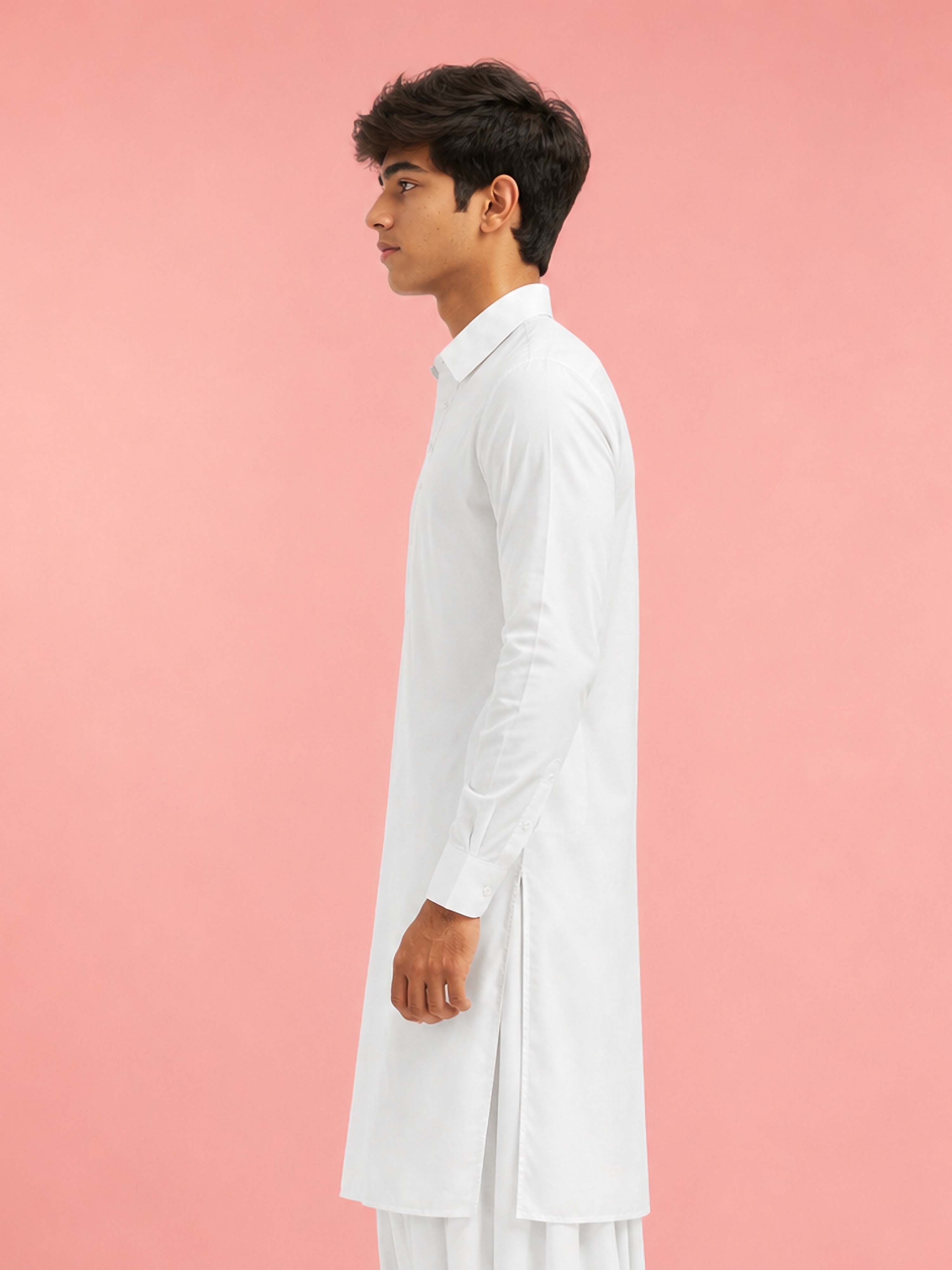 Boy's White Fine Satin Solid Knee Length Kurta