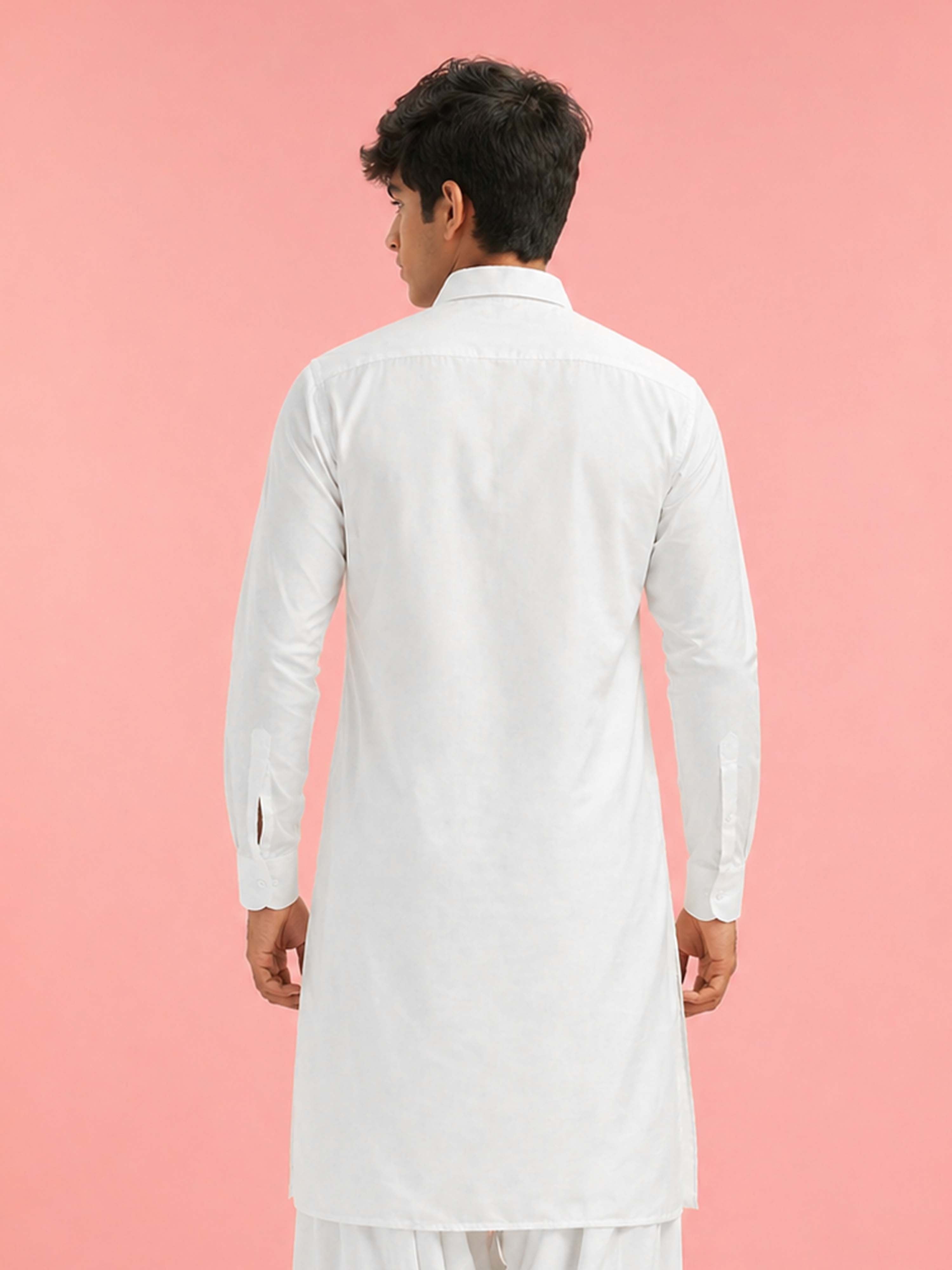 Boy's White Fine Satin Solid Knee Length Kurta