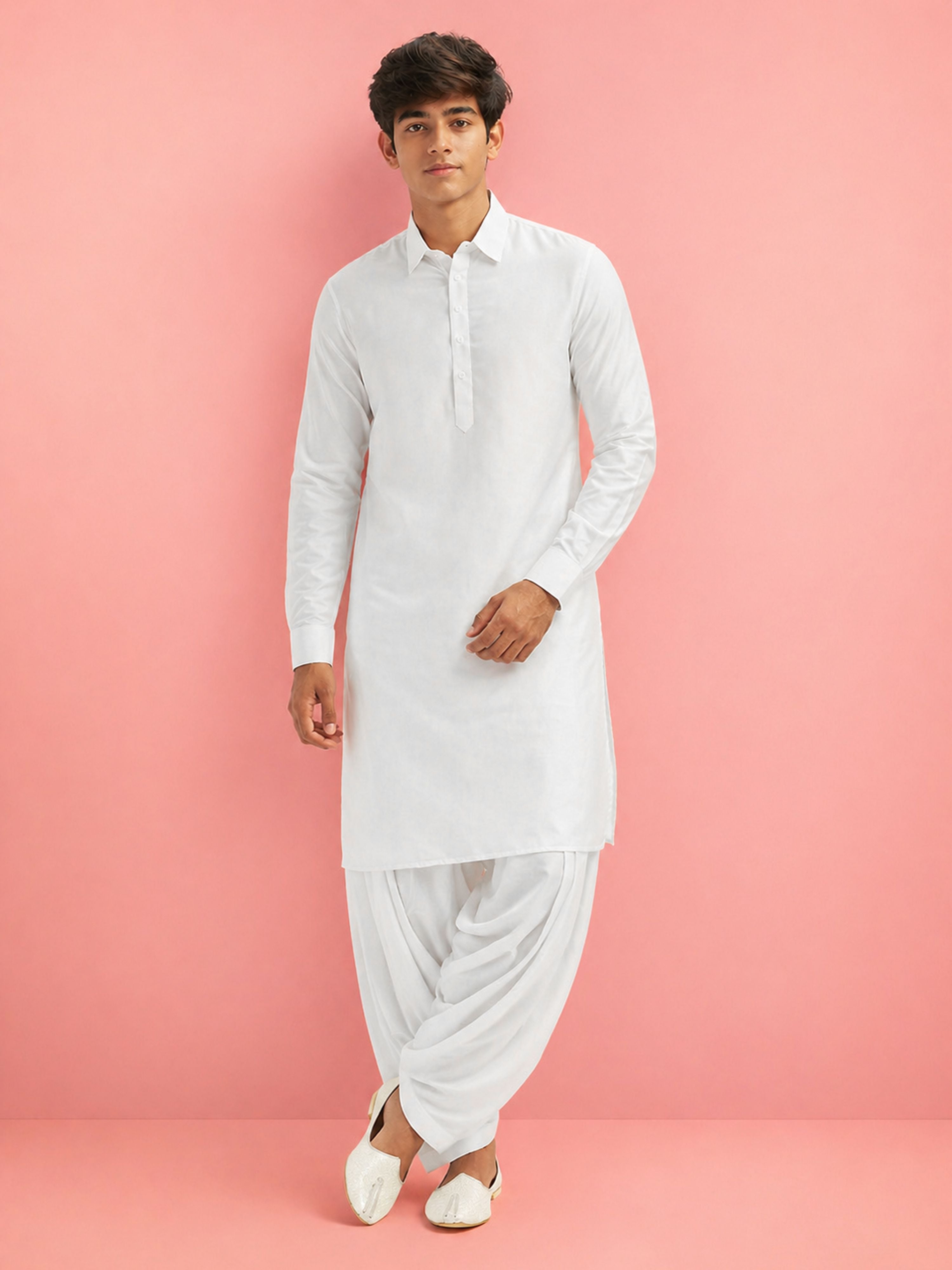 Boy's White Fine Satin Solid Knee Length Kurta