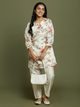 Yuva VASTRAMAY Girls Cream Floral Printed Kurta With Cream Pant Set