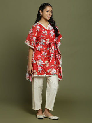 Yuva By VASTRAMAY Girls Red Floral Printed Kaftan Kurta With Cream Pant Set