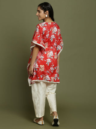 Yuva By VASTRAMAY Girls Red Floral Printed Kaftan Kurta With Cream Pant Set