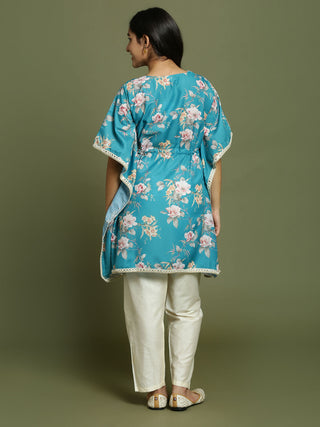 Yuva By VASTRAMAY Girls Turquoise Blue Floral Printed Kaftan Kurta With Cream Pant Set