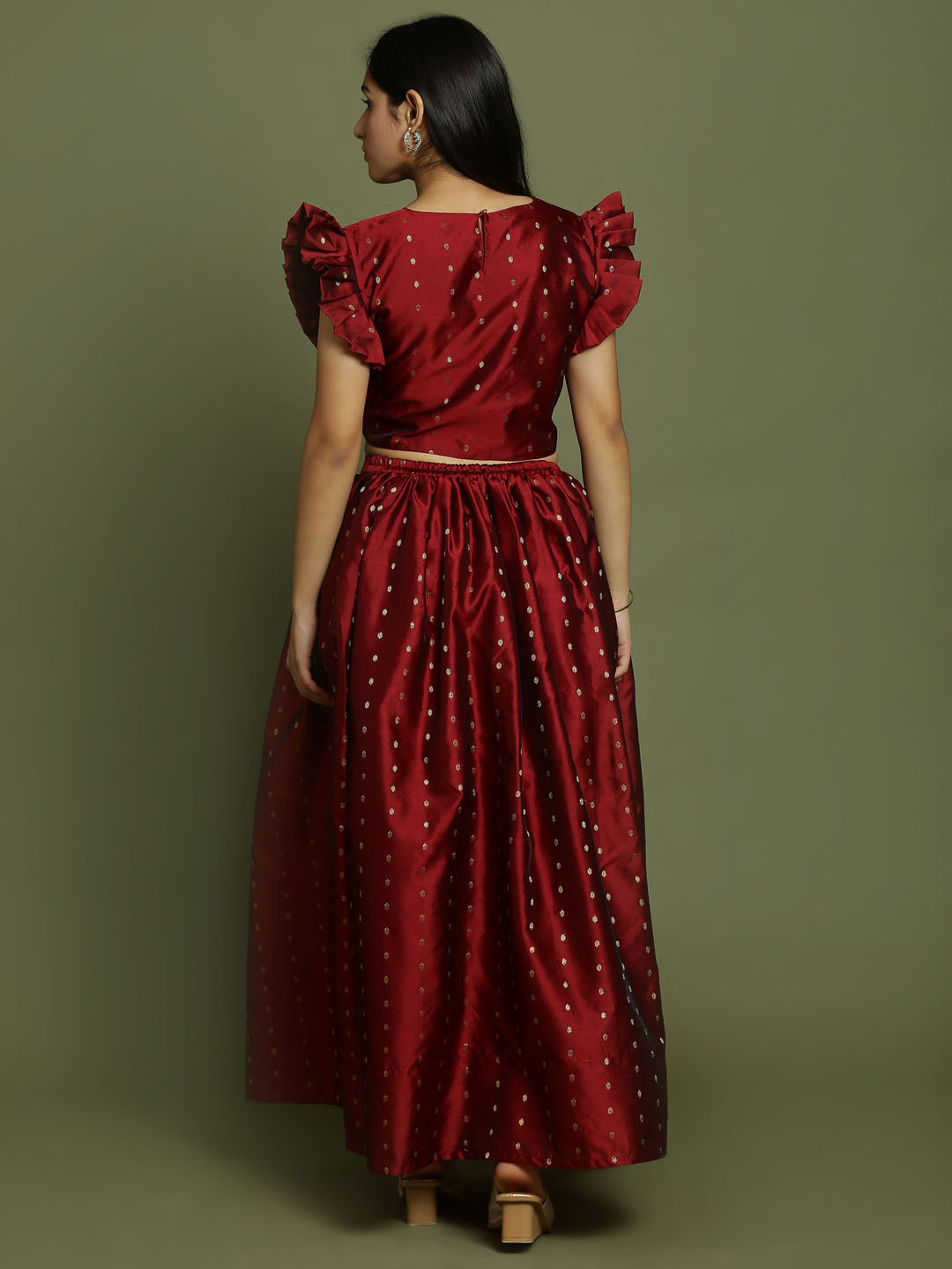 Girl's Maroon Woven Design Booti Crop Top And Long Skirt Set