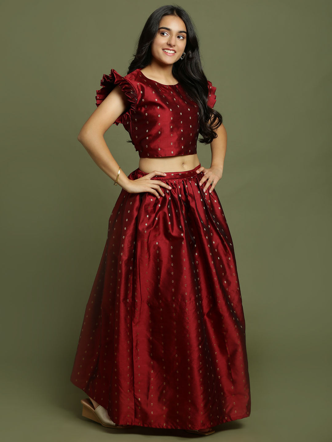 Girl's Maroon Woven Design Booti Crop Top And Long Skirt Set