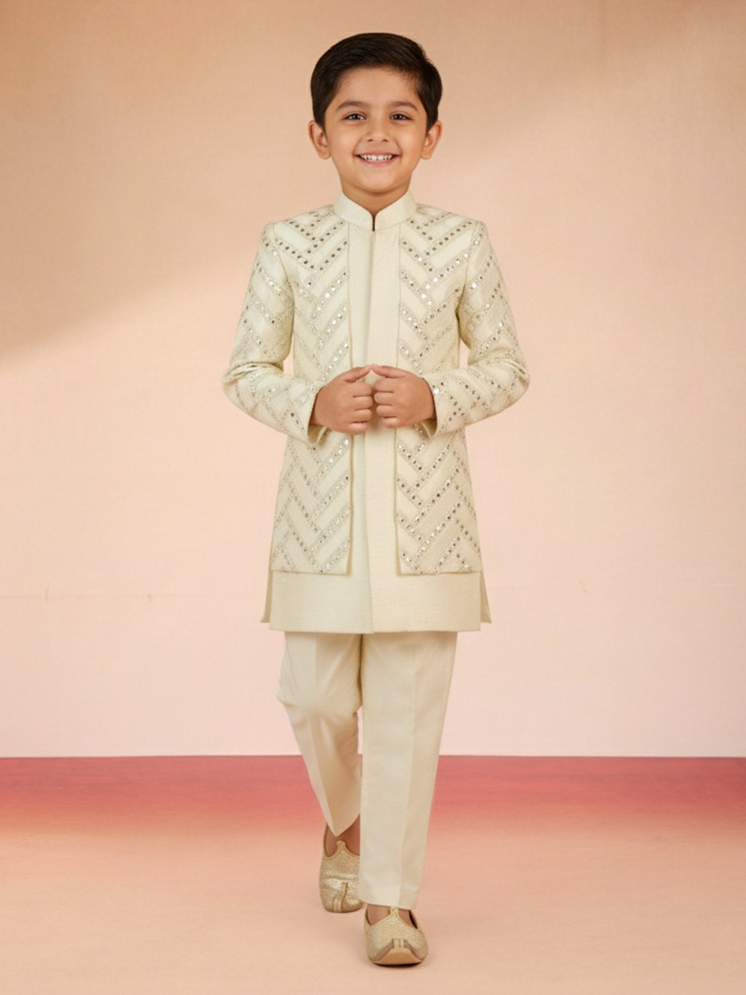vastramayBoy's Cream Silk Blend Sherwani Set
