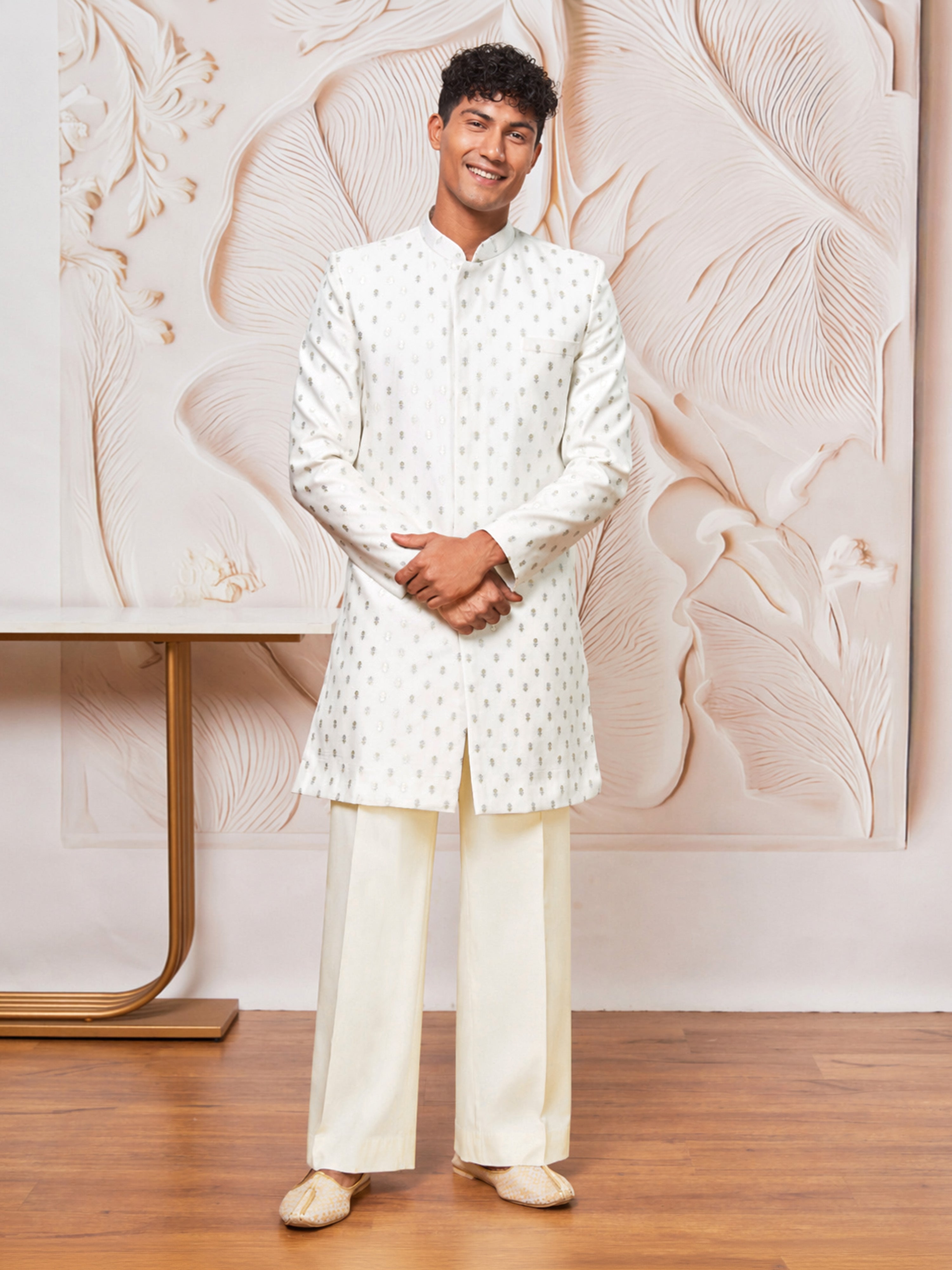 Cream Zari Work Indo Western Set with Wide Leg Pants