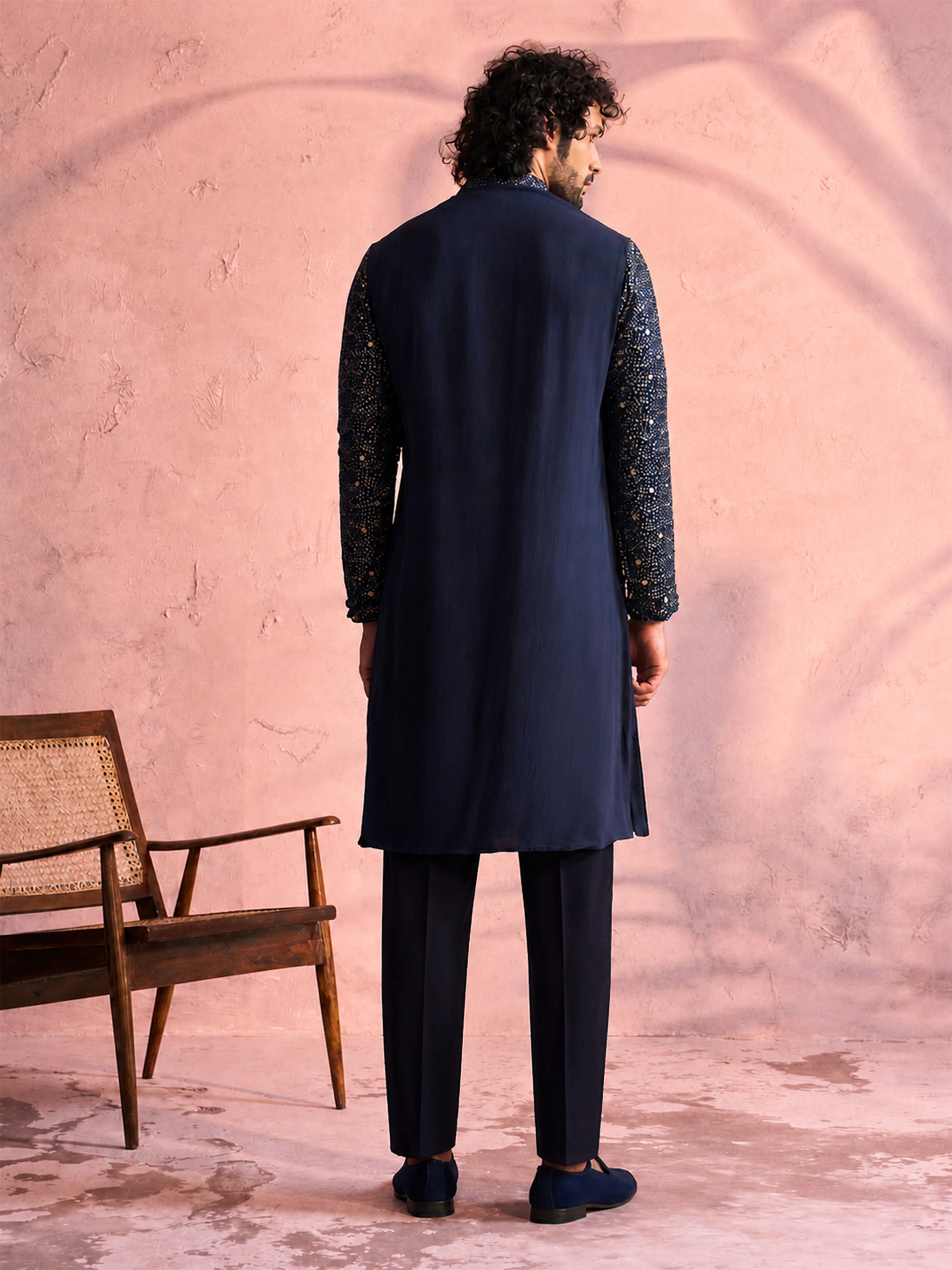 Men's Navy Blue Ombre Sequin Work Thigh Length Kurta Pant Set with Pant