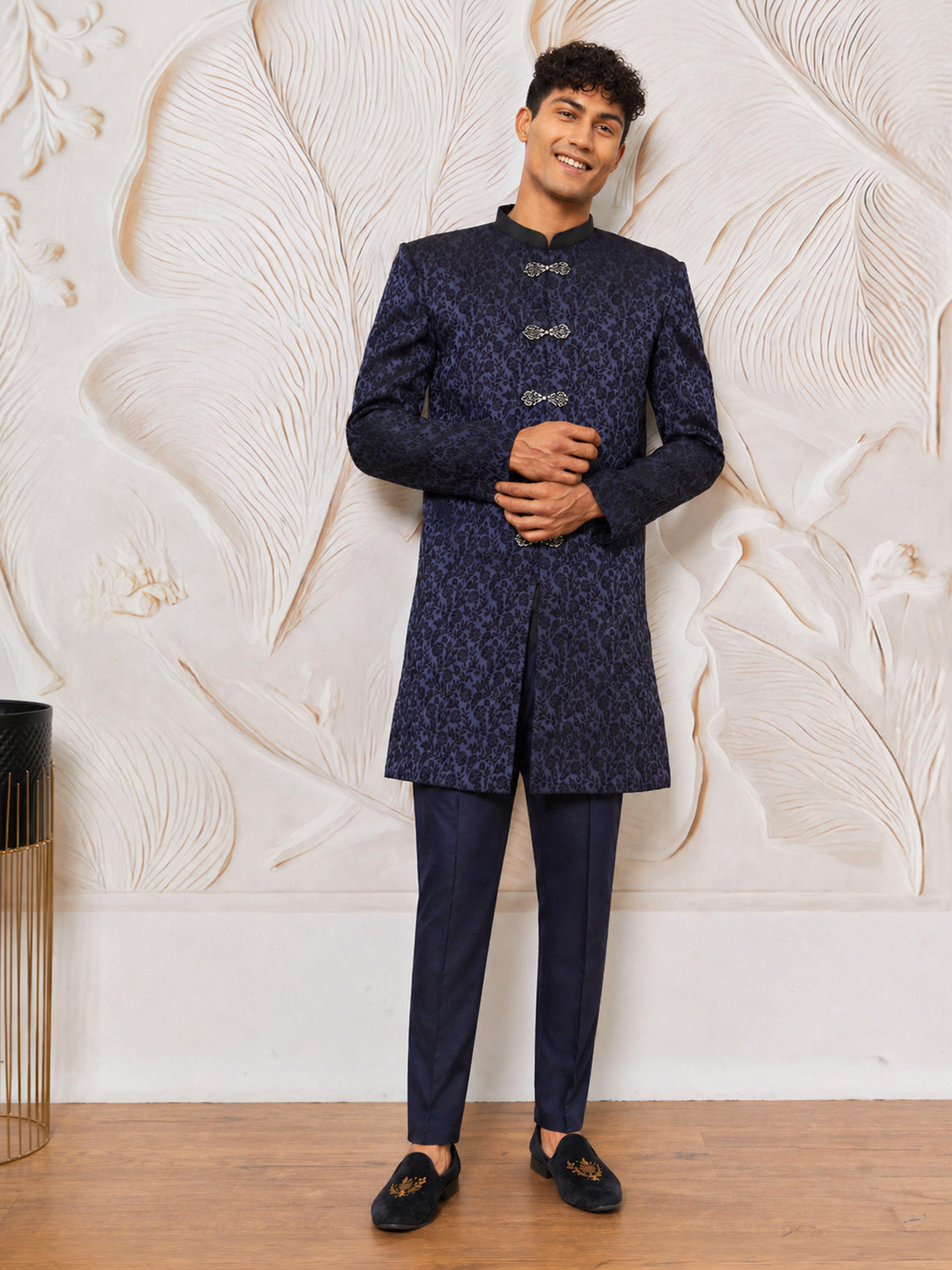 Men Navy Blue Floral Jacquard Indo Western Set with Pant