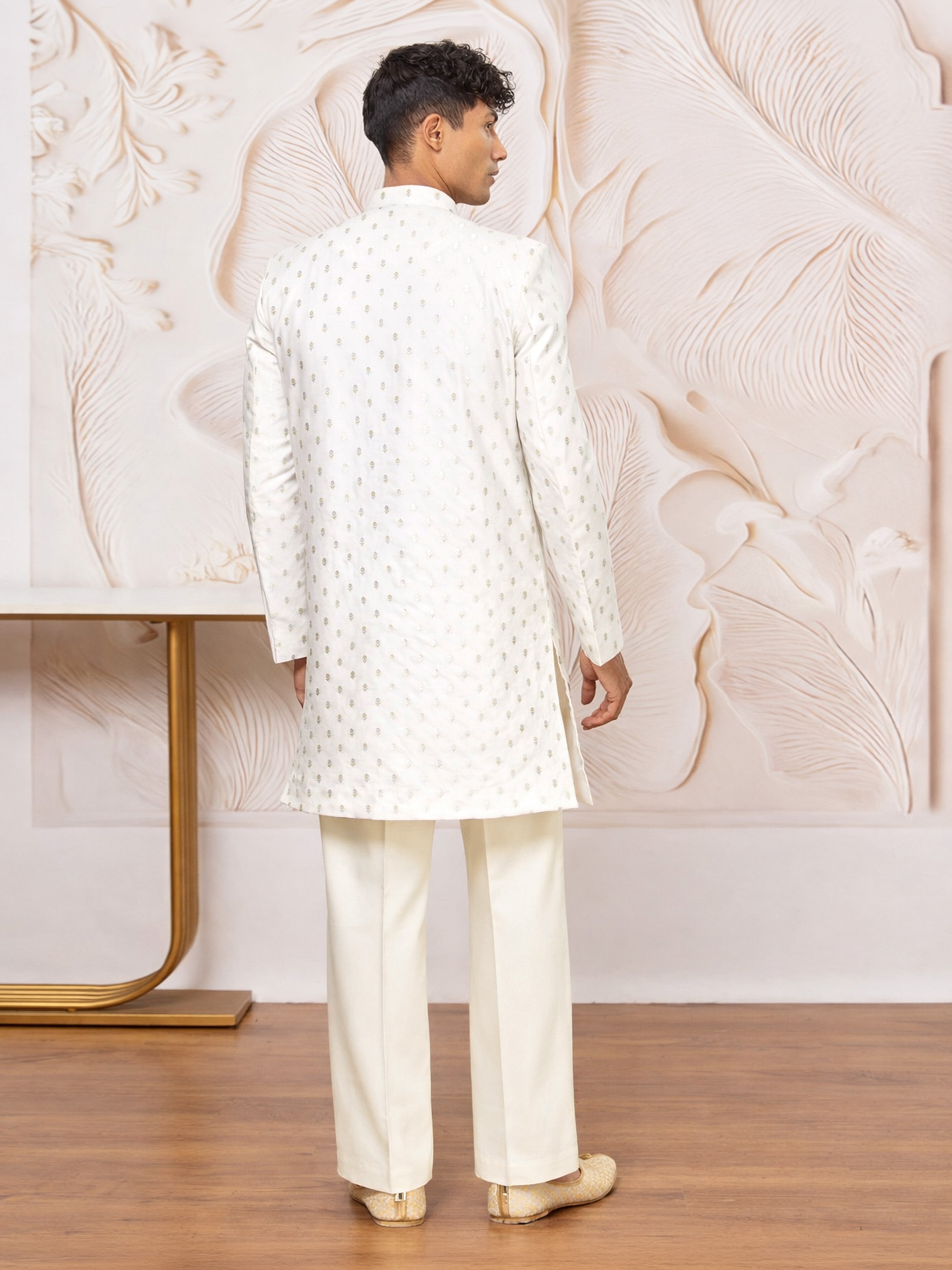 Cream Zari Work Indo Western Set with Wide Leg Pants