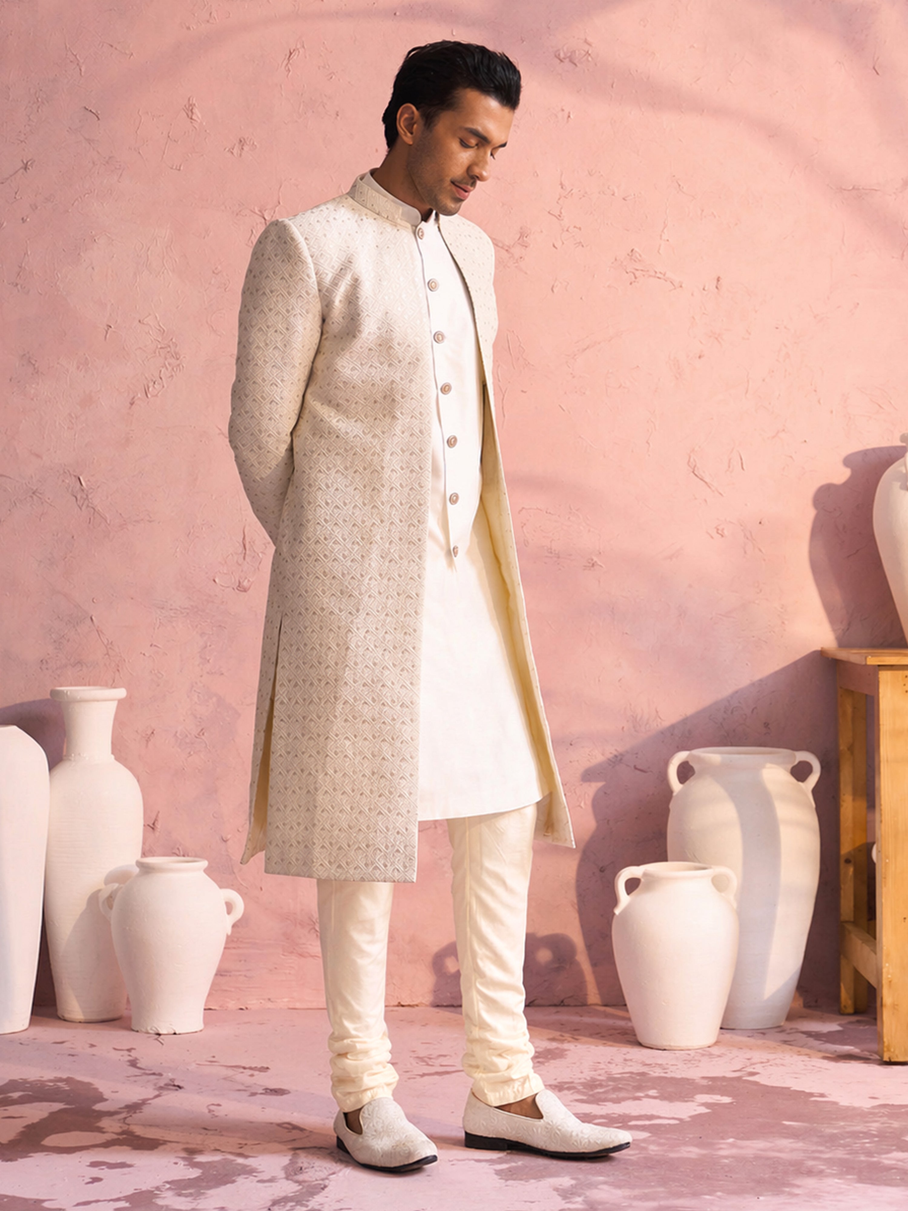Cream Jacquard Self Design Indo Western Set with Churidar