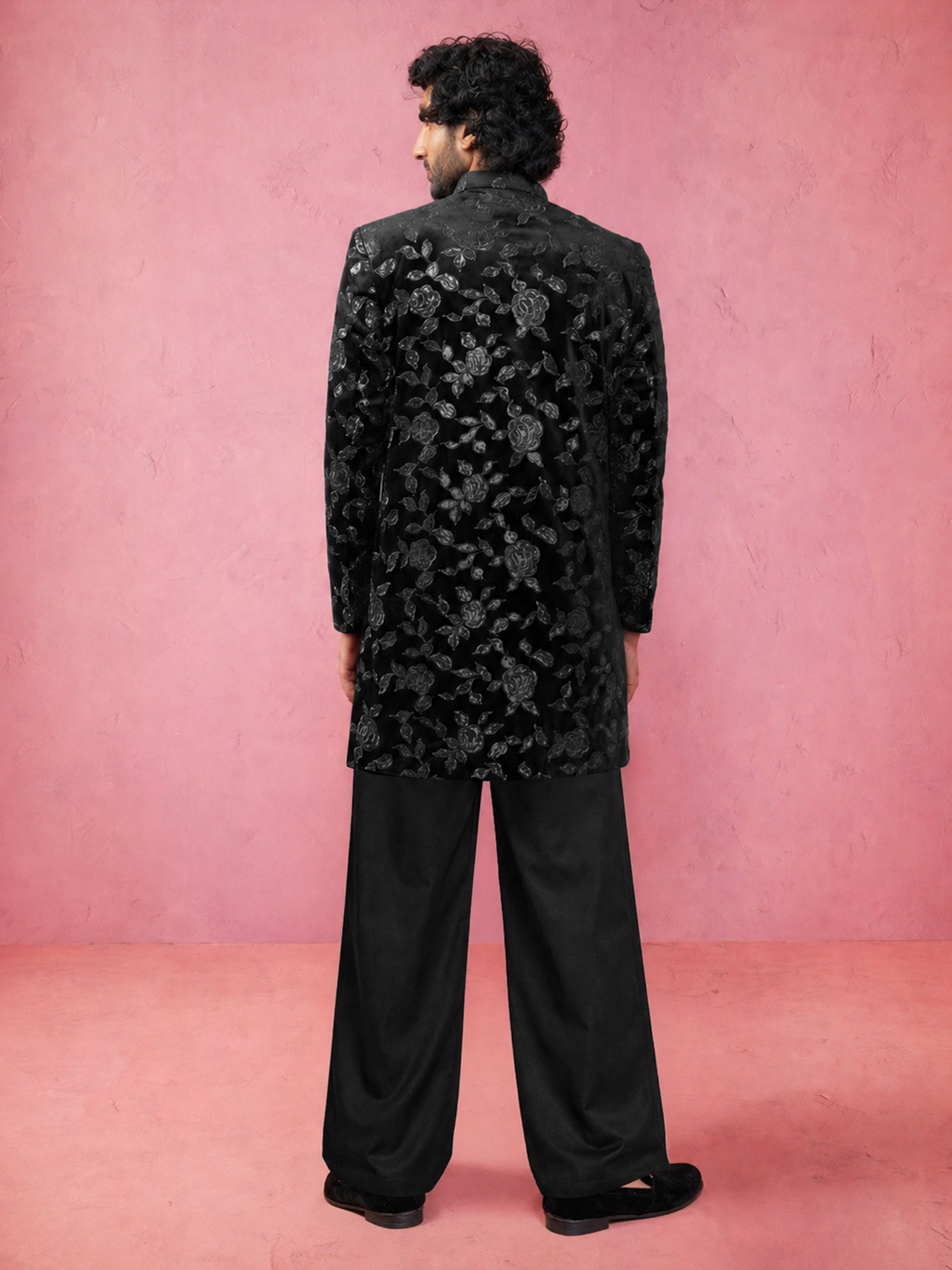 Men Black Floral Sequined Indo Western Set with Wide Leg Pant