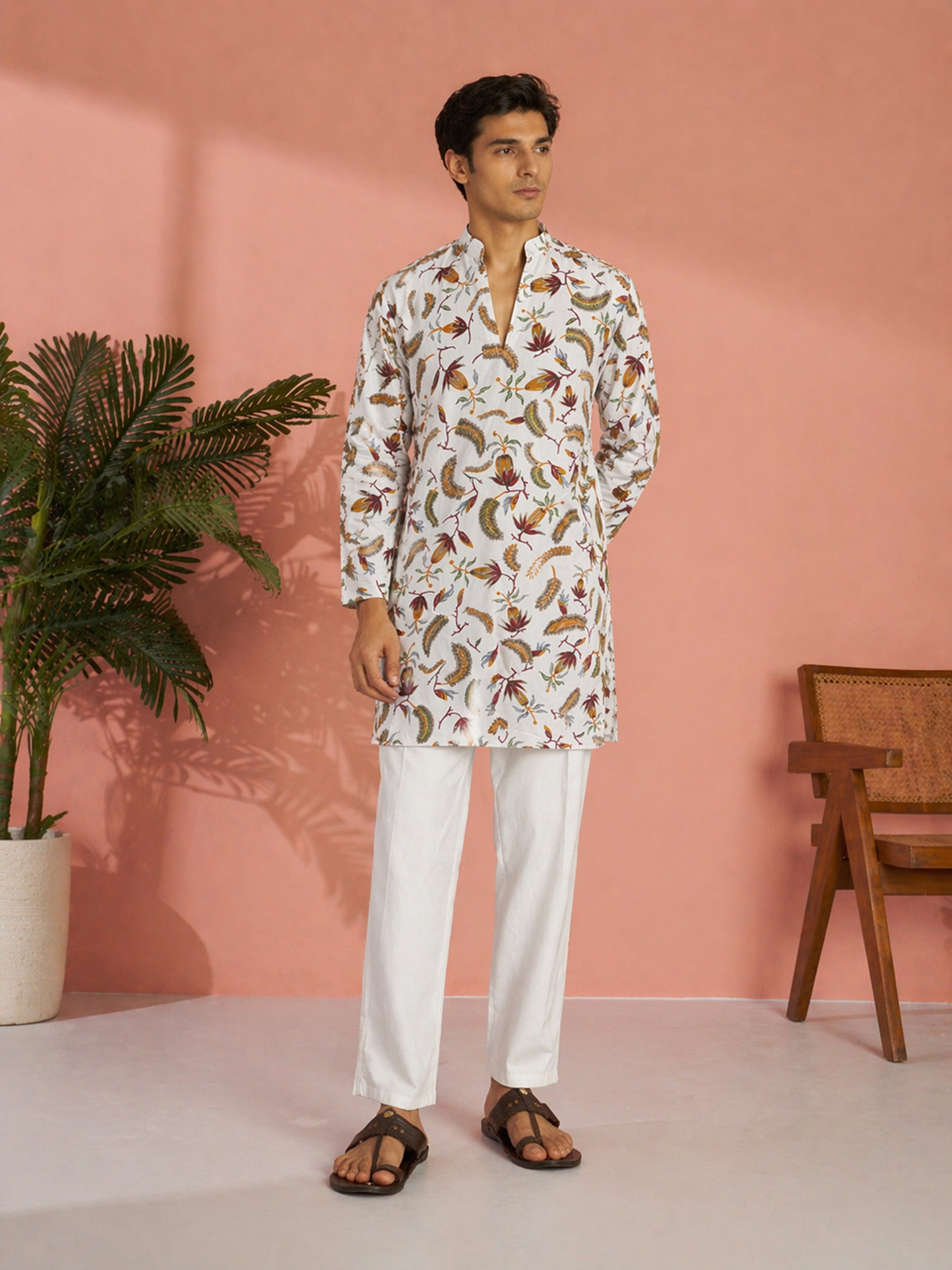 Men Off-White Floral Plain Thigh Length Kurta