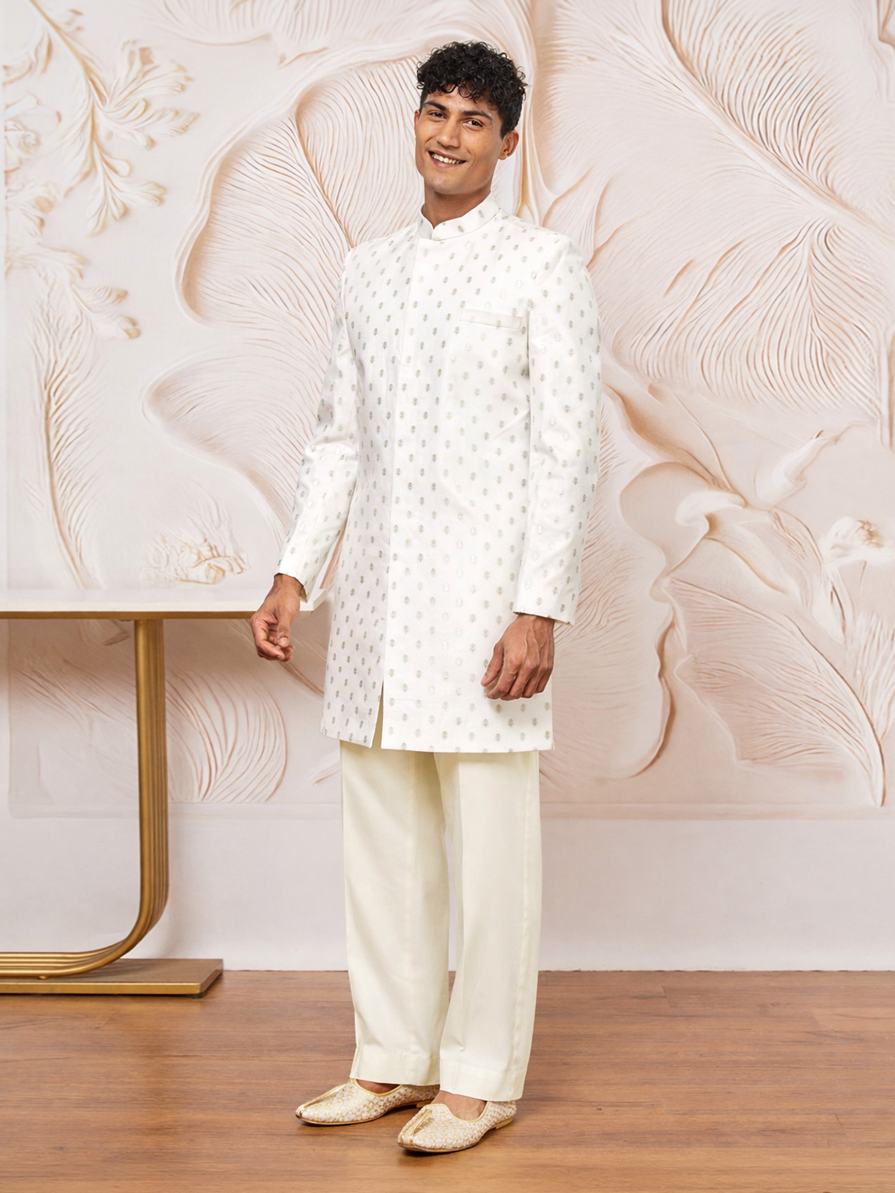 Cream Zari Work Indo Western Set with Wide Leg Pants