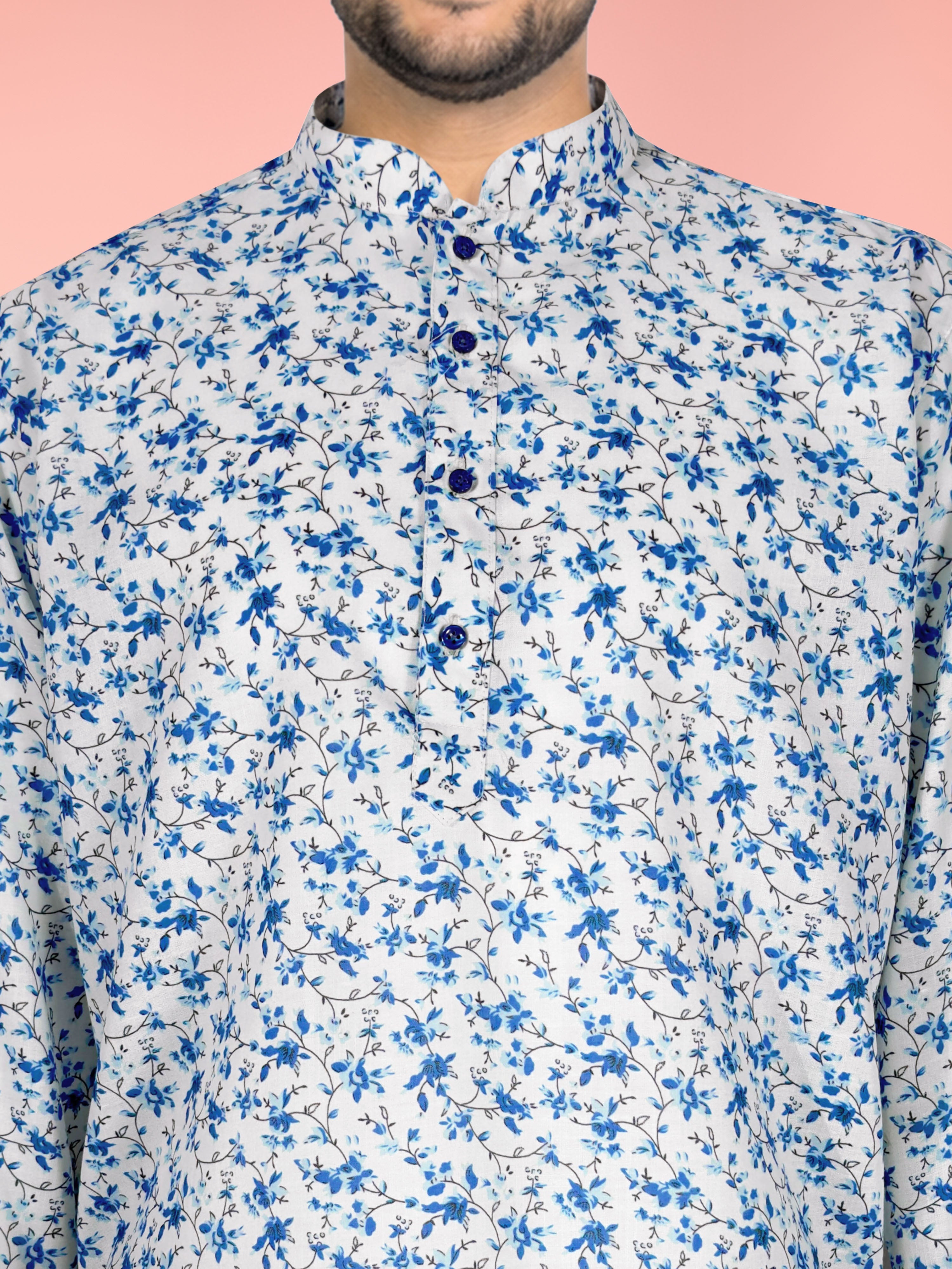 Men White Floral Plain Thigh Length Straight Kurta