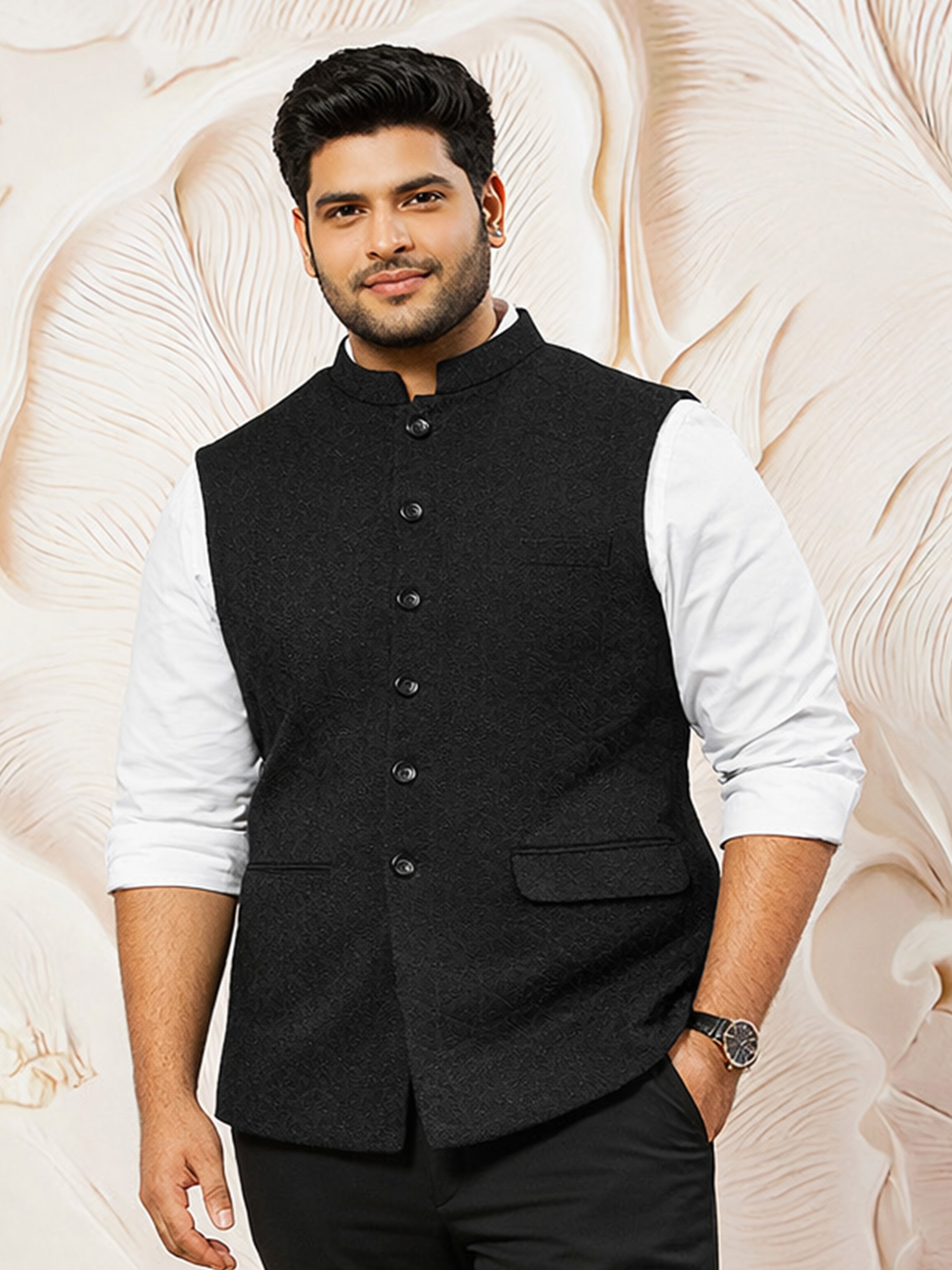 Men Black Abstract Self-Design Regular Nehru Jacket